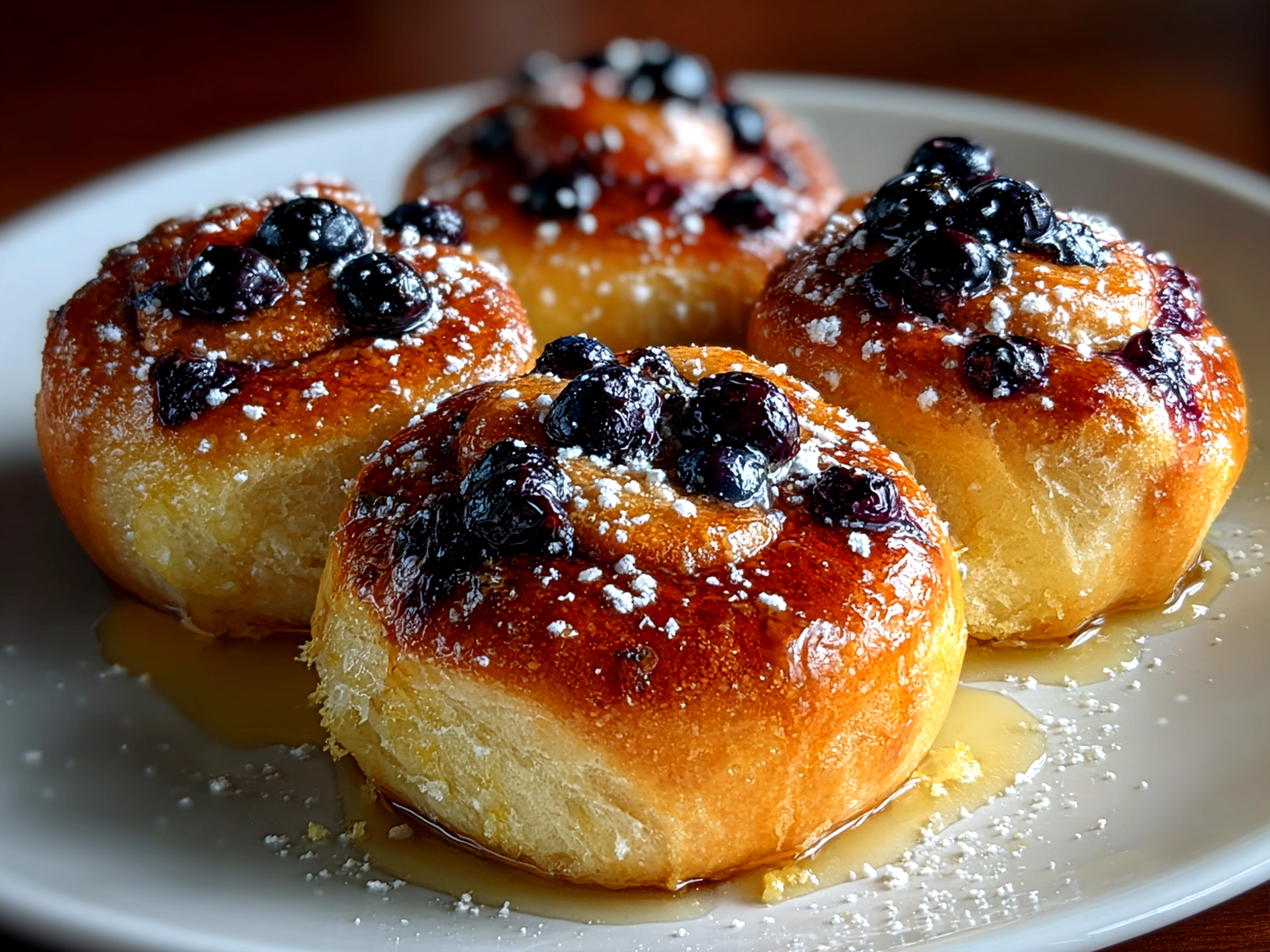Freshly prepared Blueberry Lemon Sourdough Sweet Rolls on white plate