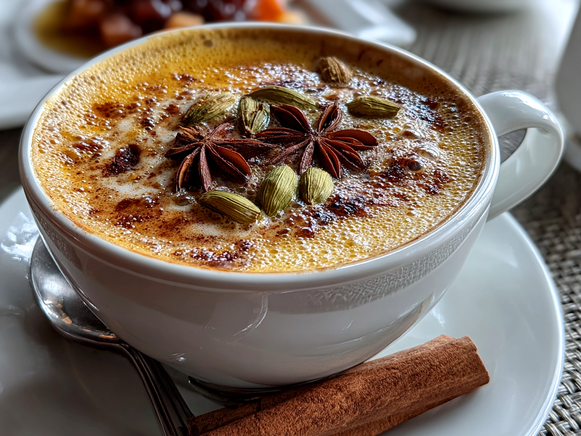 Freshly prepared chai tea latte close-up