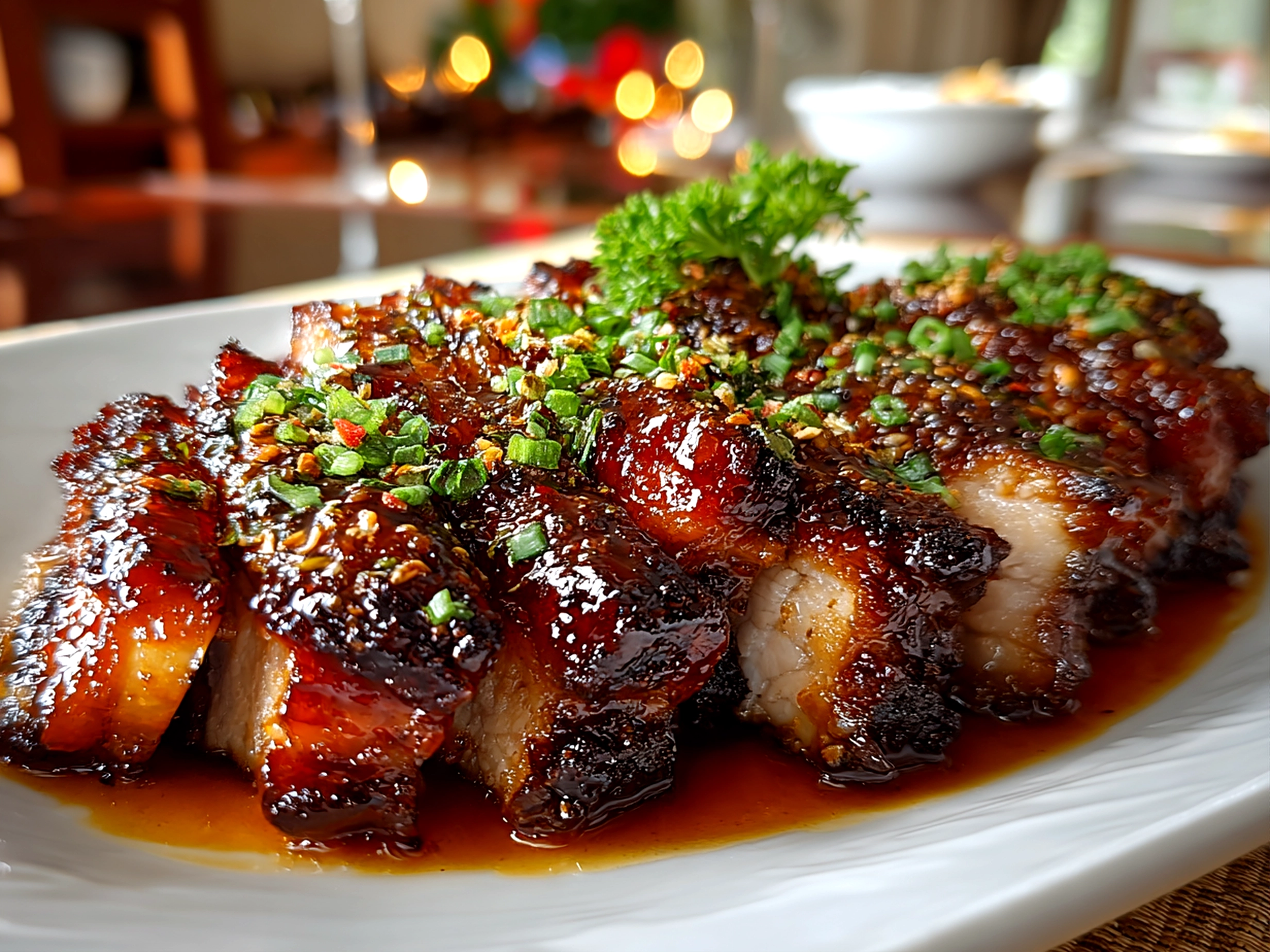 Freshly prepared char siu chicken on white plate