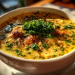 Freshly prepared Chicken Alfredo Lasagna Soup served in a white bowl