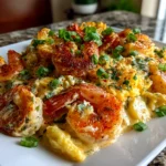 Freshly prepared creamy shrimp casserole on white plate