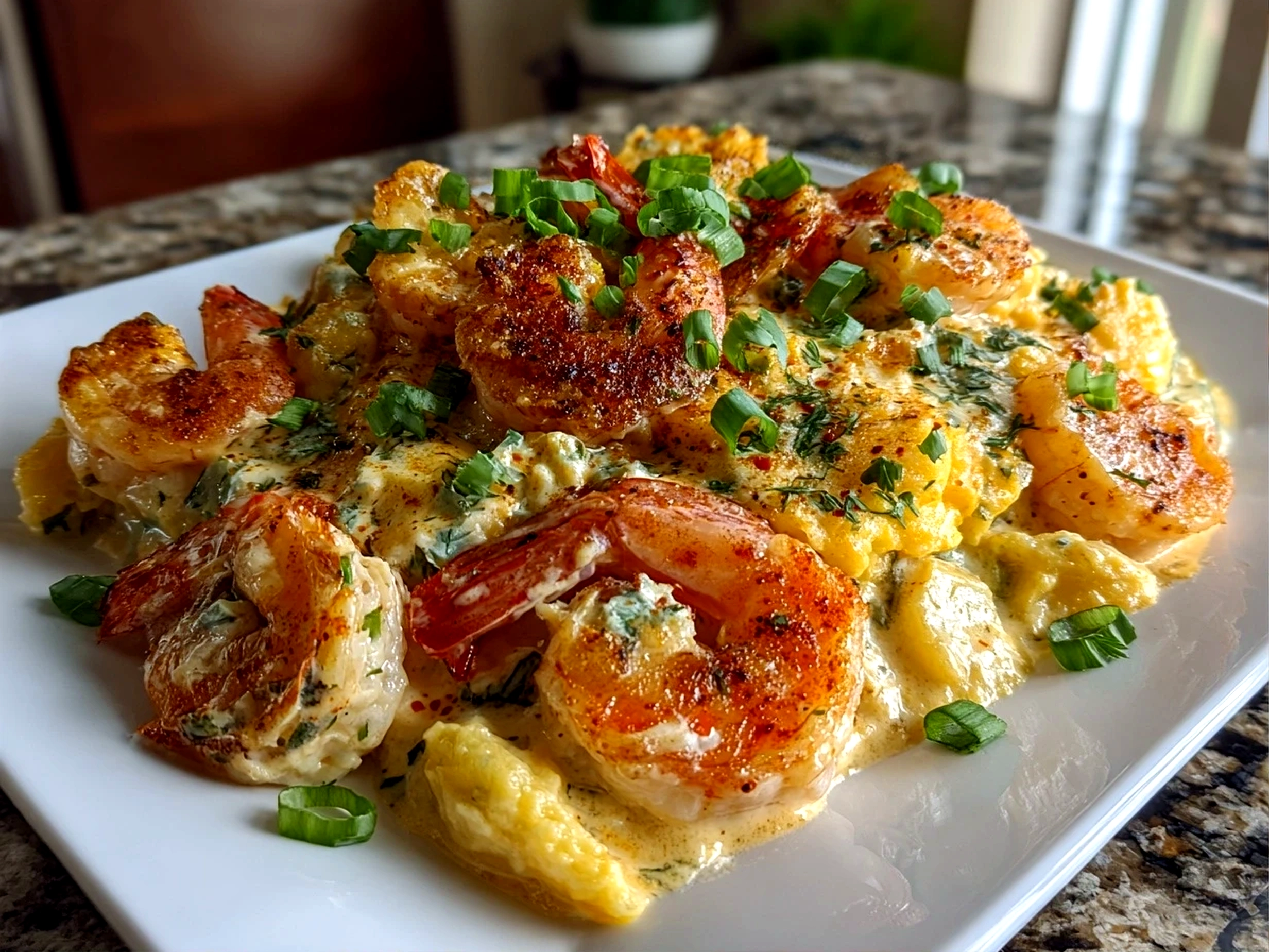 Freshly prepared creamy shrimp casserole on white plate