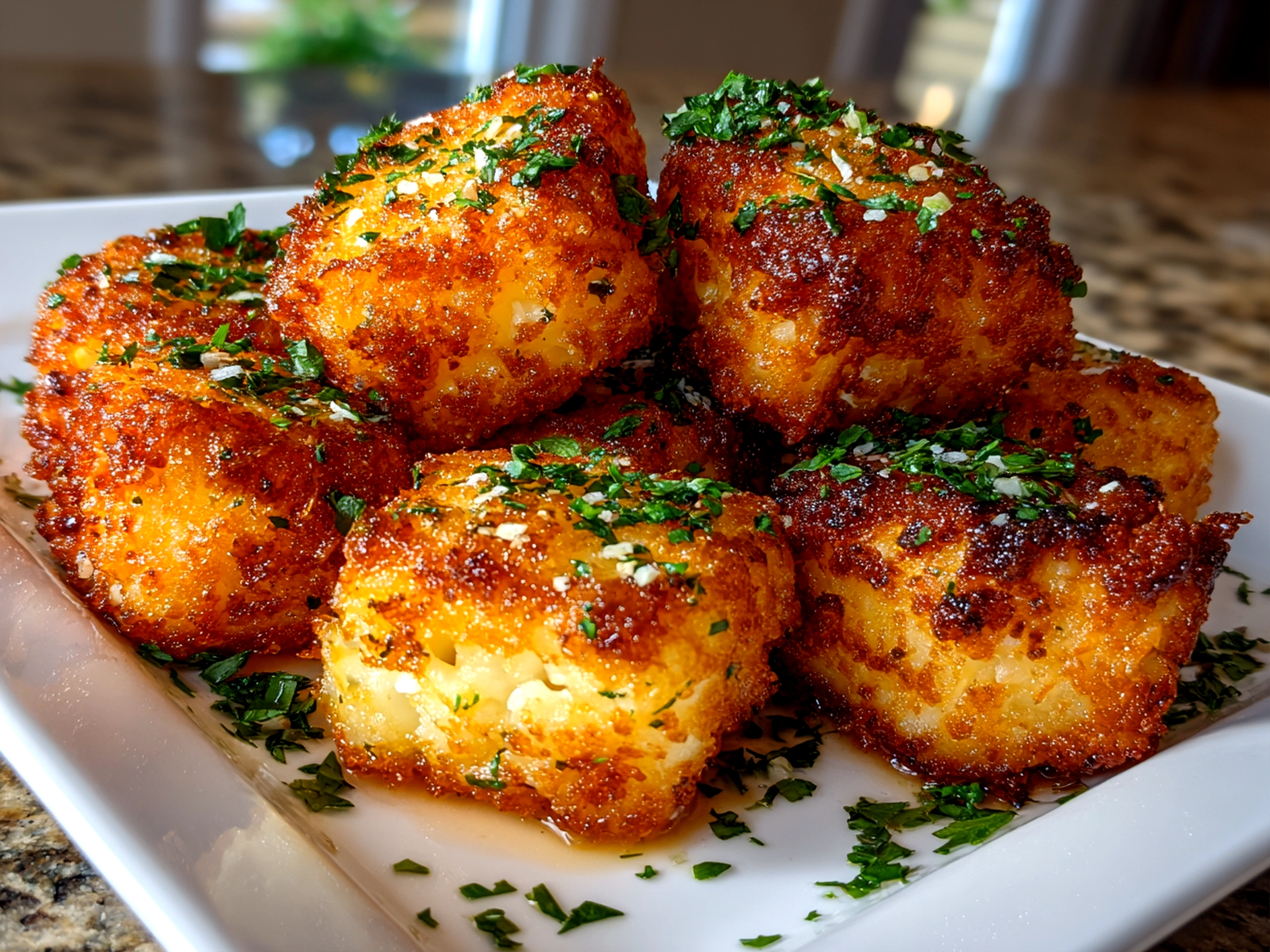 Freshly prepared crispy cottage cheese tots on white plate