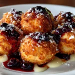 Freshly prepared Maple Blueberry Sourdough Donut Holes on white plate