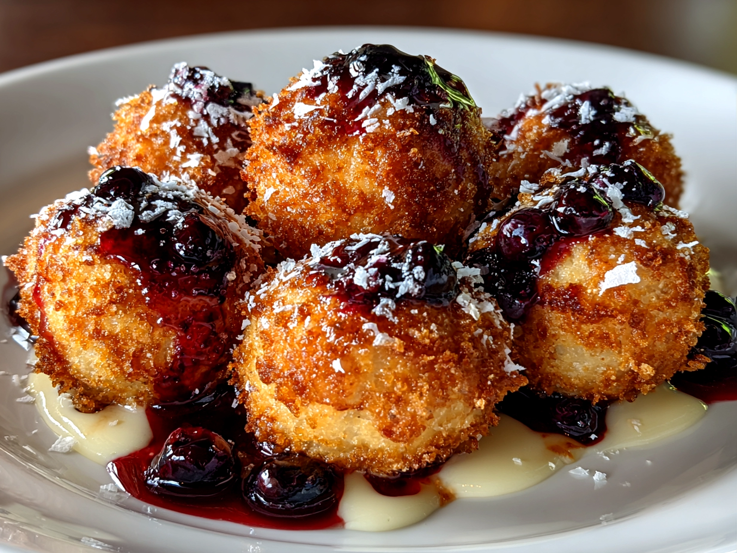 Freshly prepared Maple Blueberry Sourdough Donut Holes on white plate