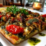 Freshly prepared pesto chicken flatbread on white plate
