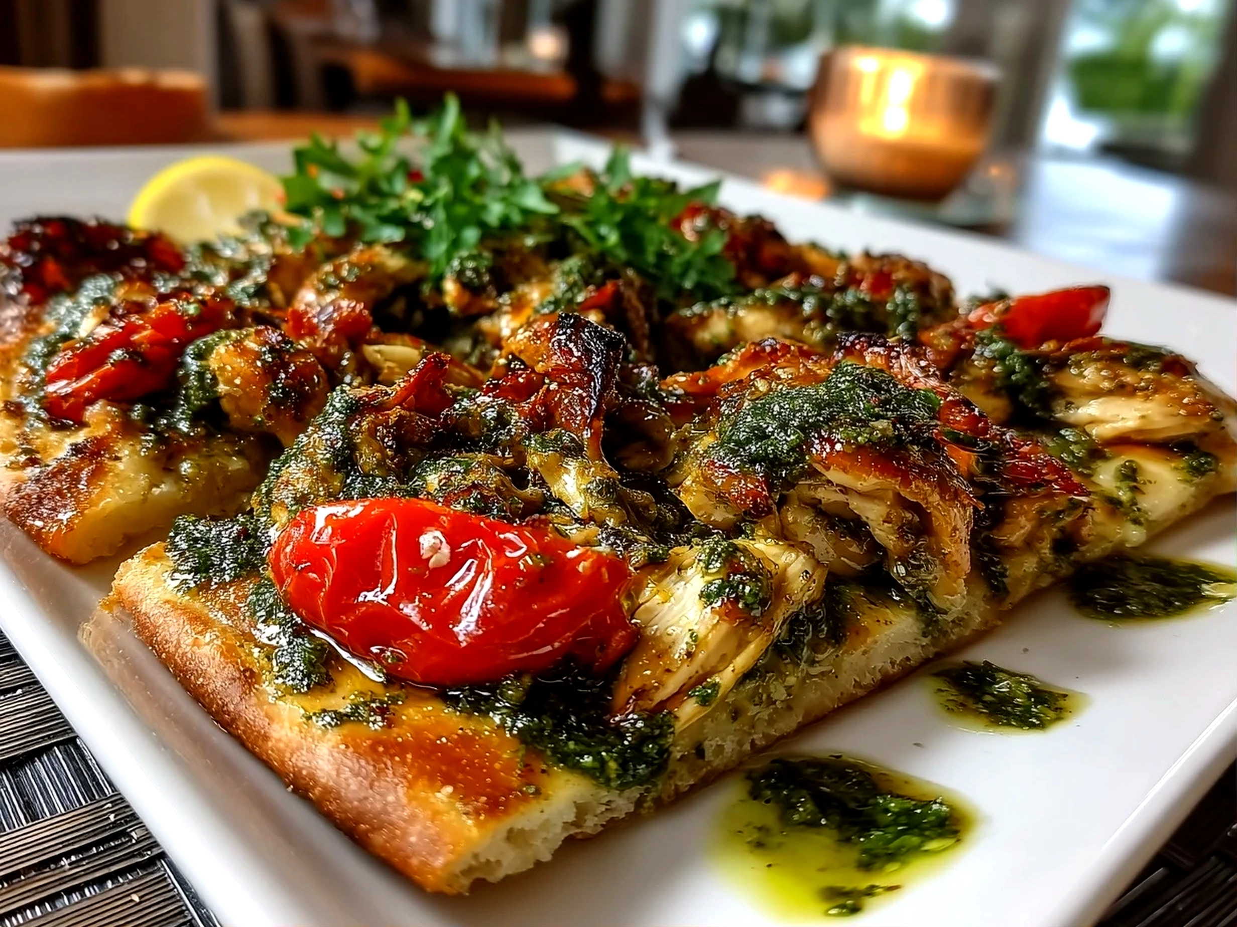 Freshly prepared pesto chicken flatbread on white plate
