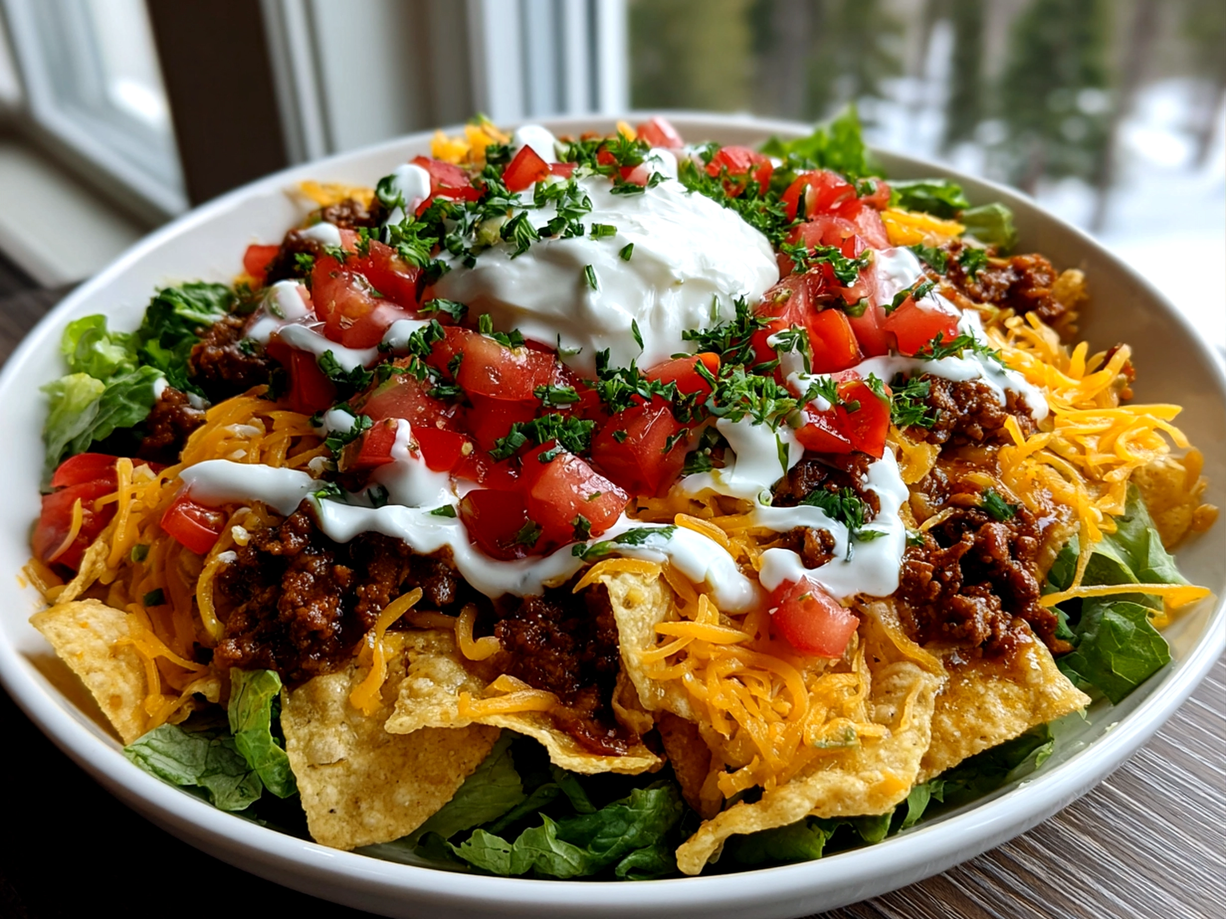 Freshly prepared Ranch Taco Party Bowl close-up