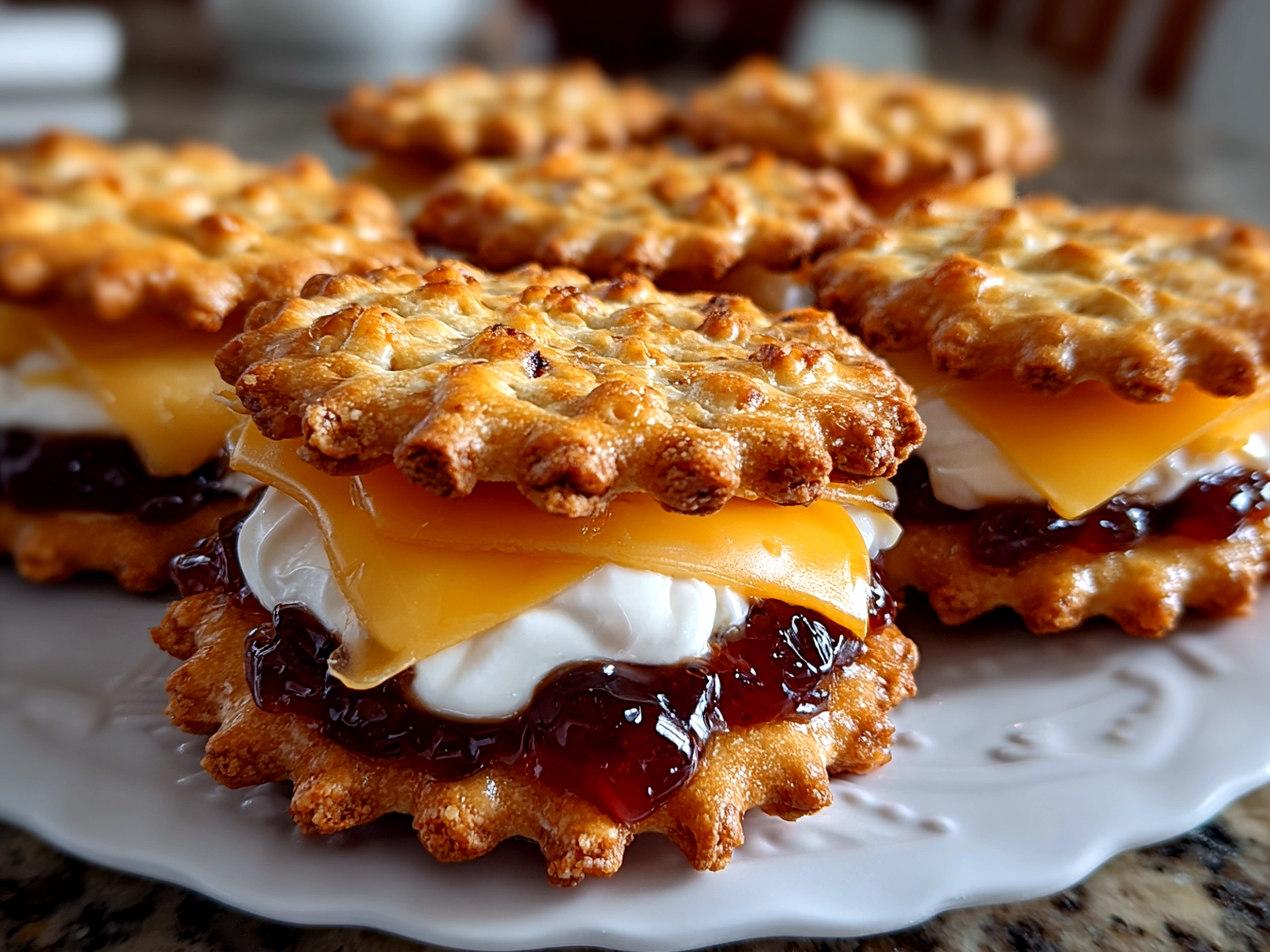 Freshly prepared Ritz Crackers Party Sandwiches on white plate