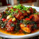 Freshly prepared spicy Nigerian chicken stew on a white ceramic plate