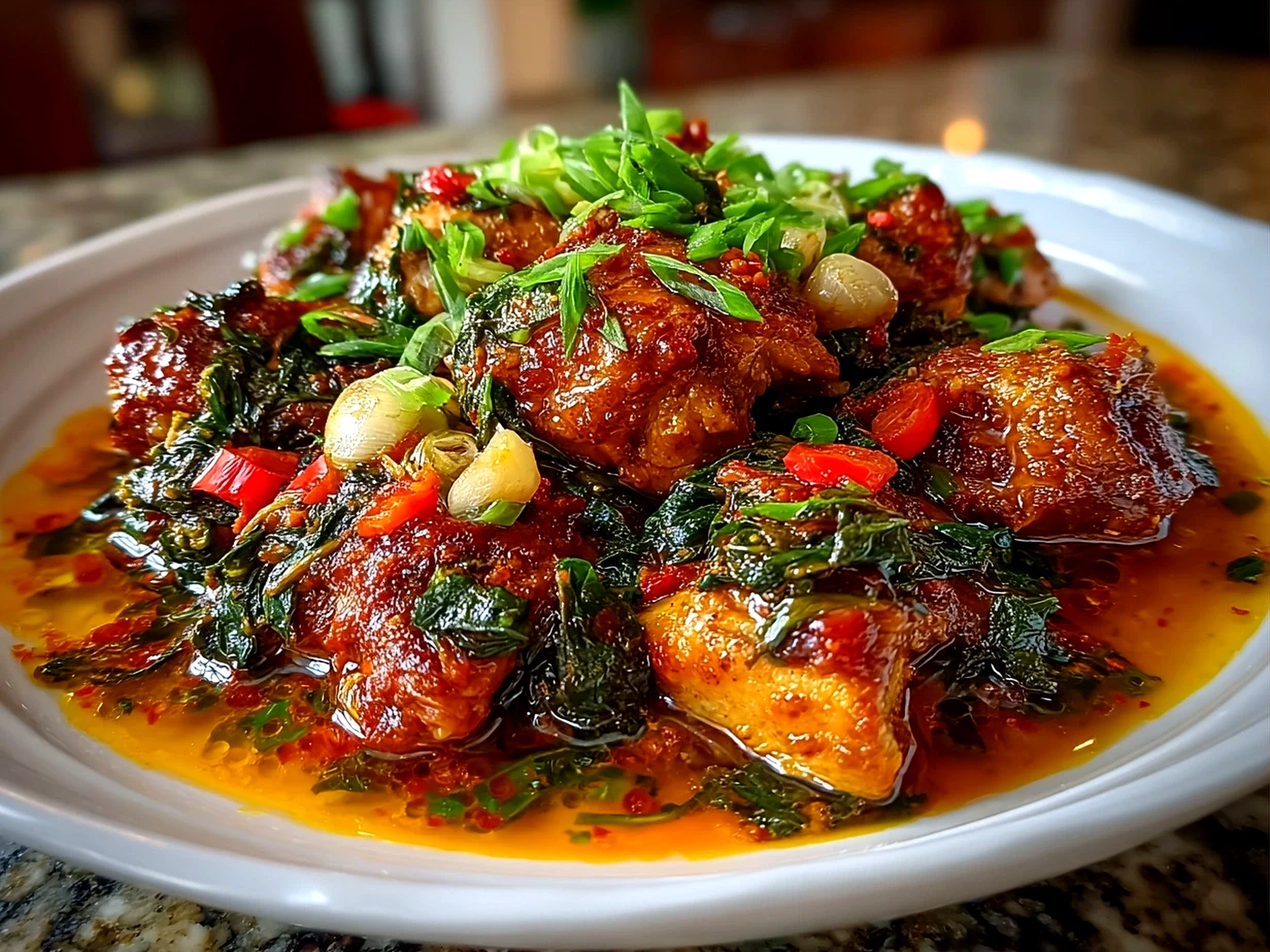 Freshly prepared spicy Nigerian chicken stew on a white ceramic plate