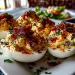 Freshly prepared Thanksgiving deviled eggs on white plate