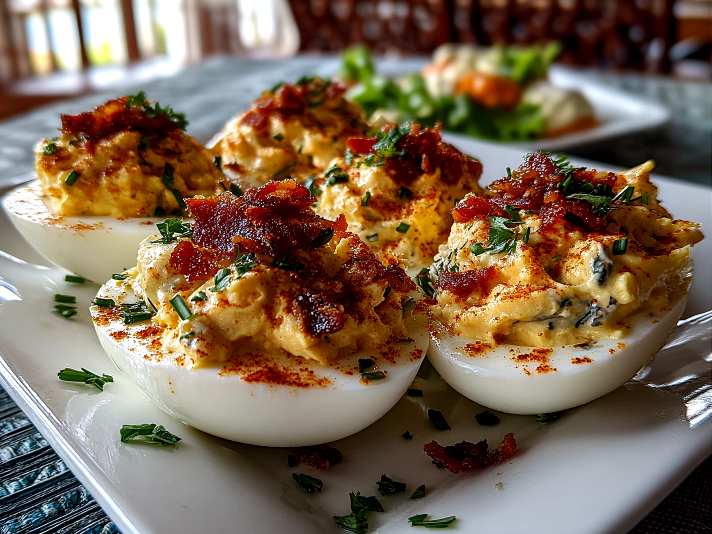 Freshly prepared Thanksgiving deviled eggs on white plate