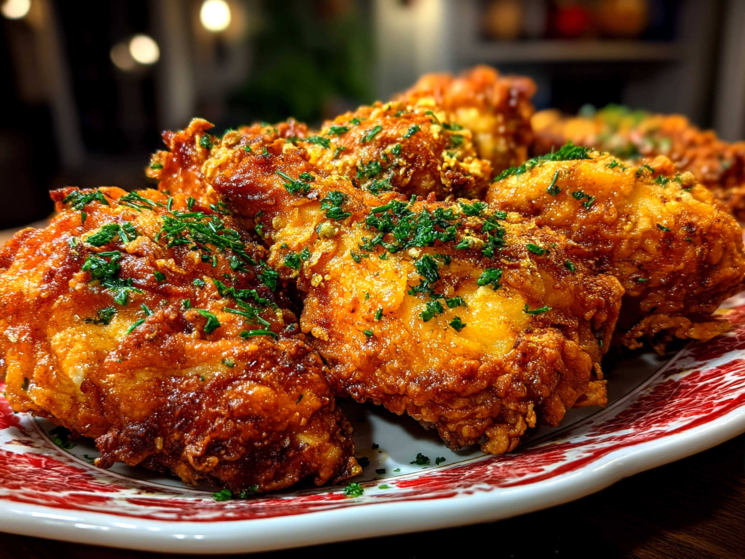 Plate of Garlic Butter Fried Chicken served with mashed potatoes and parsley garnish