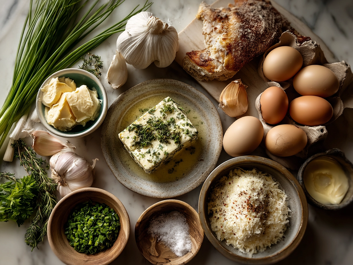 Ingredients for Garlic Butter Fried Chicken laid out on table