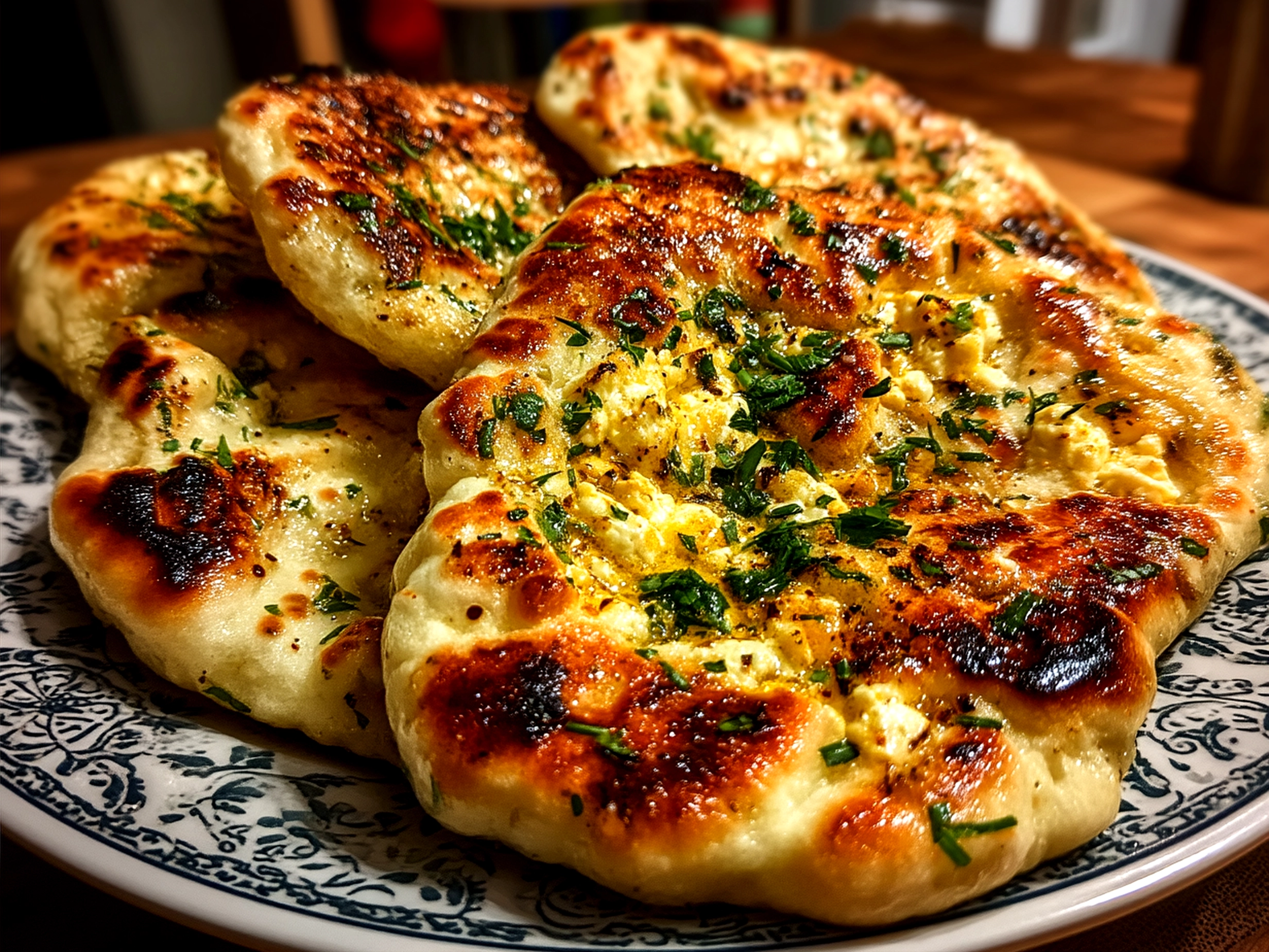 Serving of garlic cottage cheese naan cut into wedges with sides
