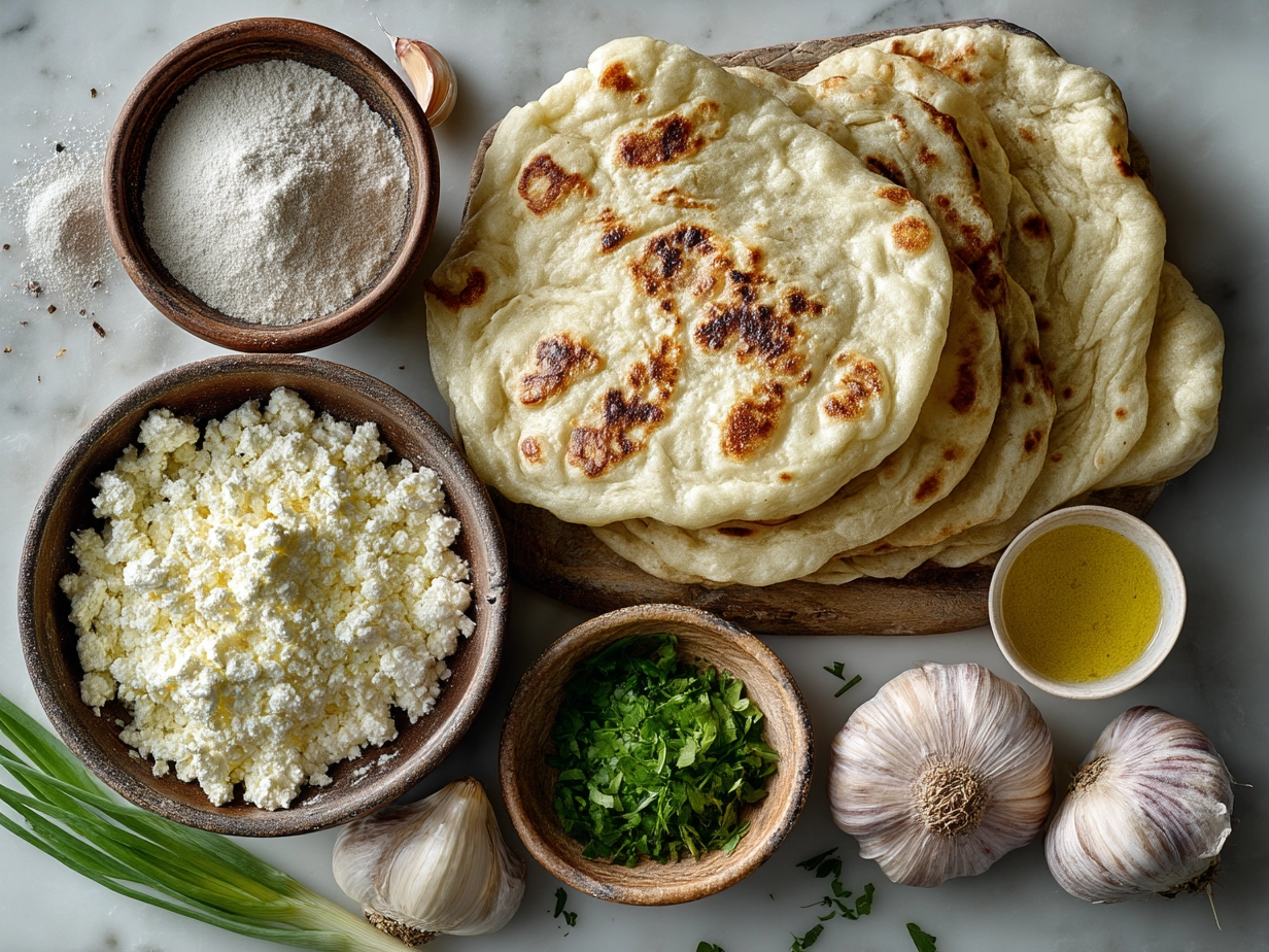 Ingredients for garlic cottage cheese naan laid out on a wooden surface