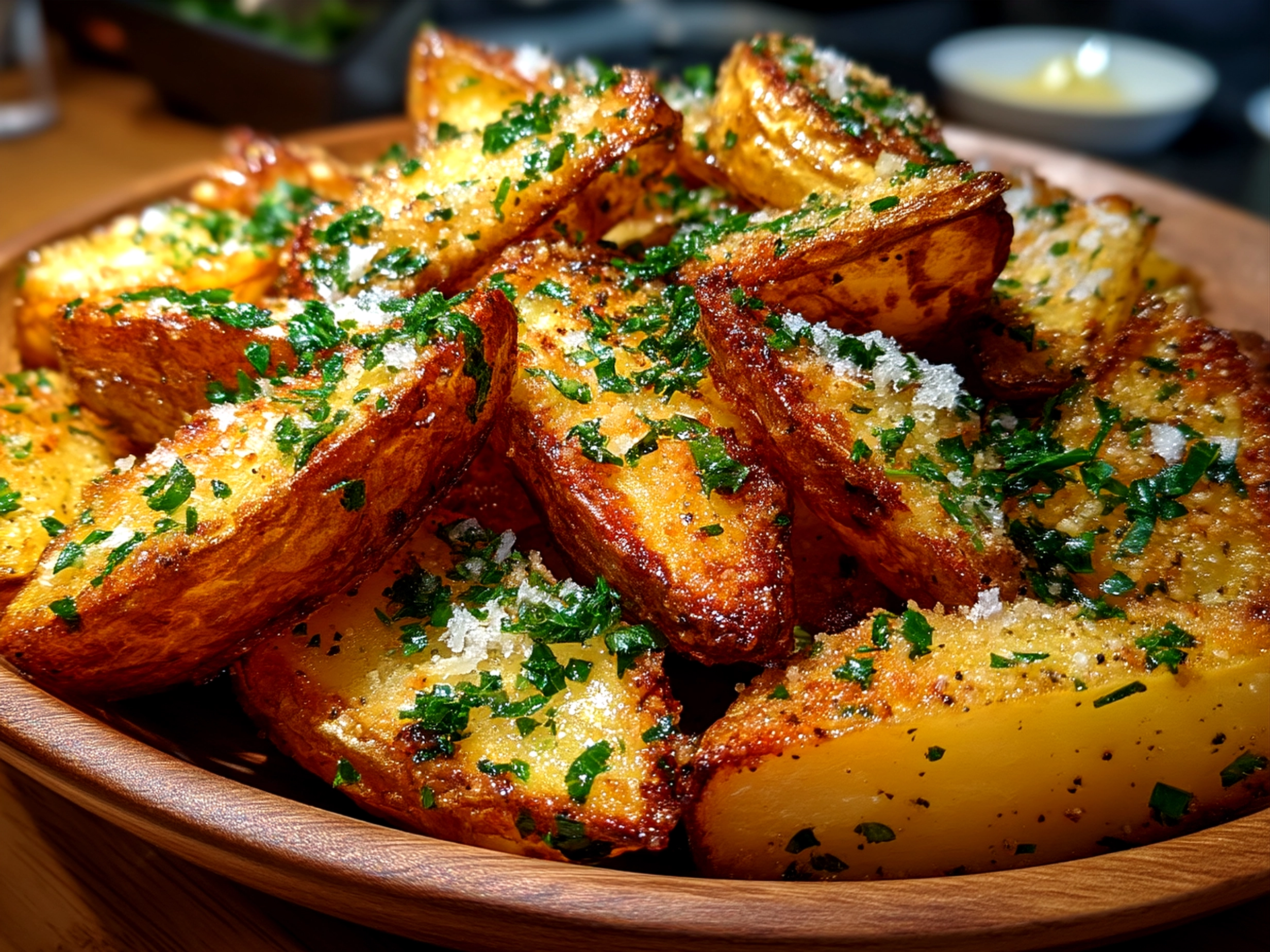 Golden Garlic Parmesan Potato Wedges served in a bowl ready to eat