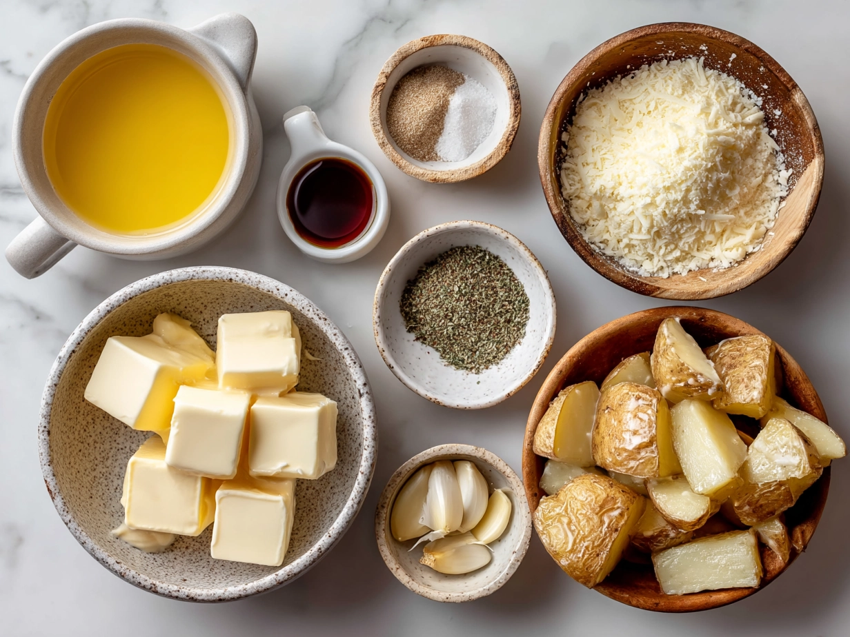 Ingredients for Garlic Parmesan Potato Wedges including potatoes, garlic, Parmesan cheese, herbs, and olive oil