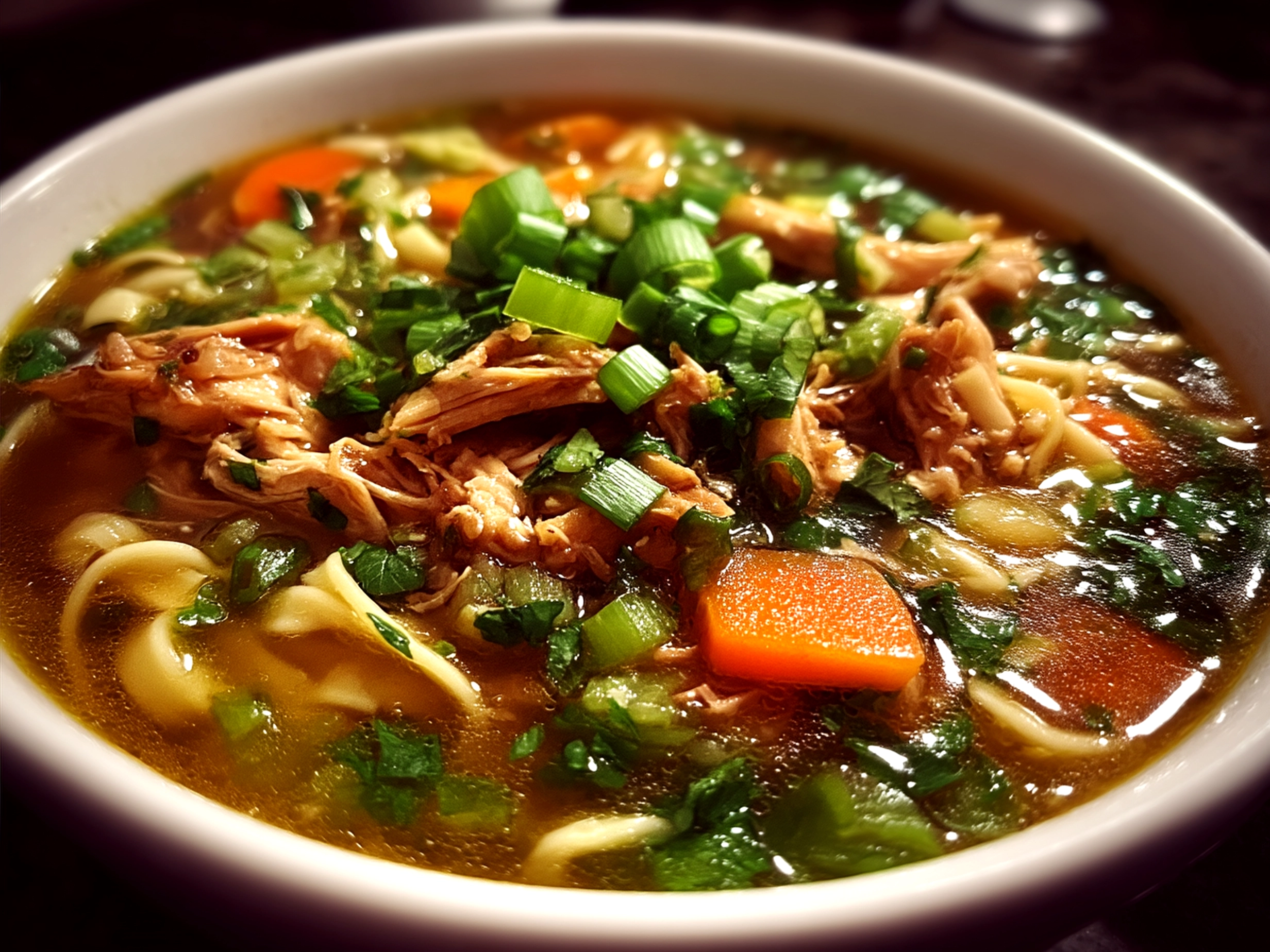 Serving of Ginger Scallion Chicken Noodle Soup with noodles and fresh scallions