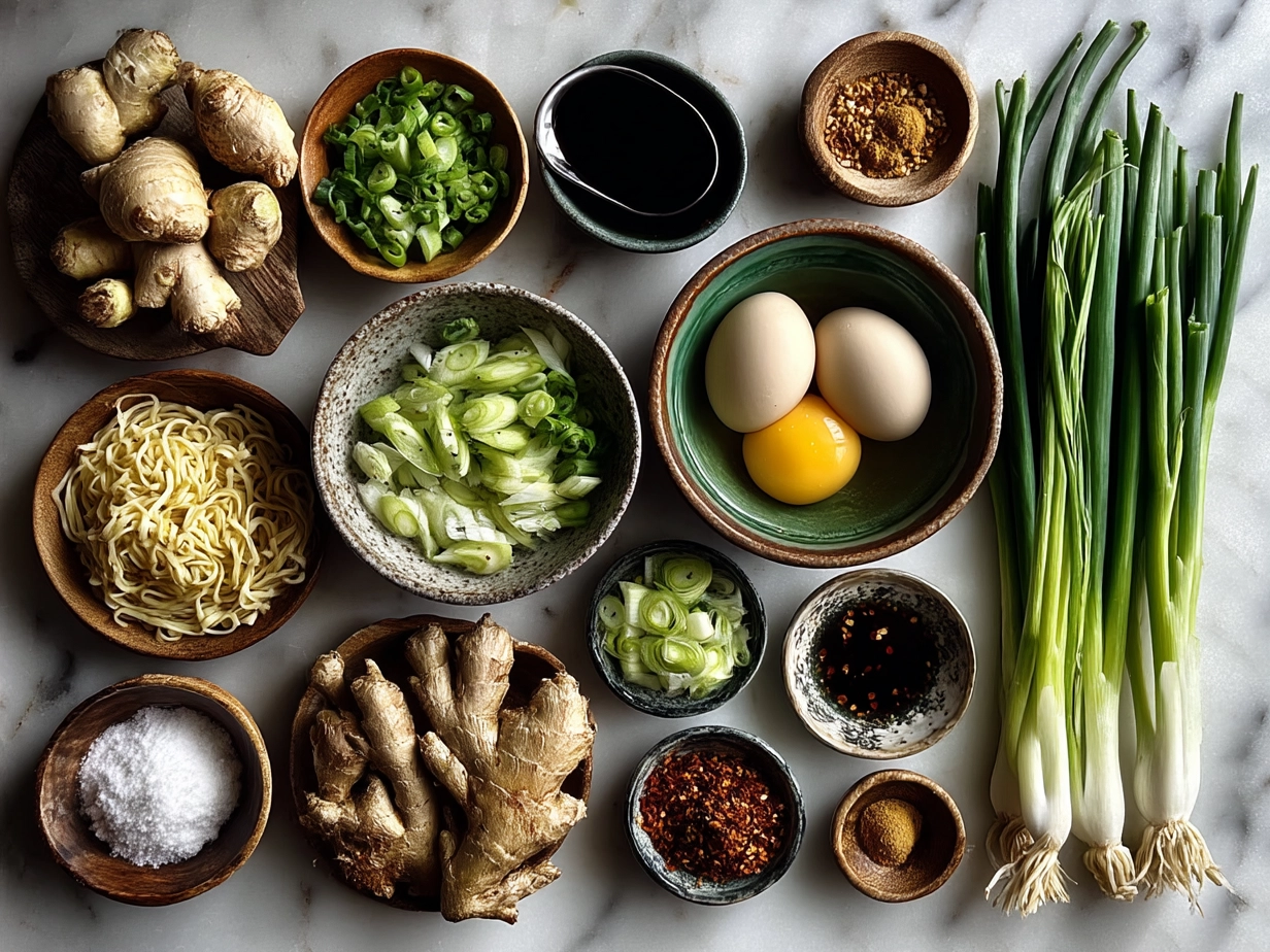 Ingredients for Ginger Scallion Chicken Noodle Soup including chicken, ginger, scallions, garlic and noodles