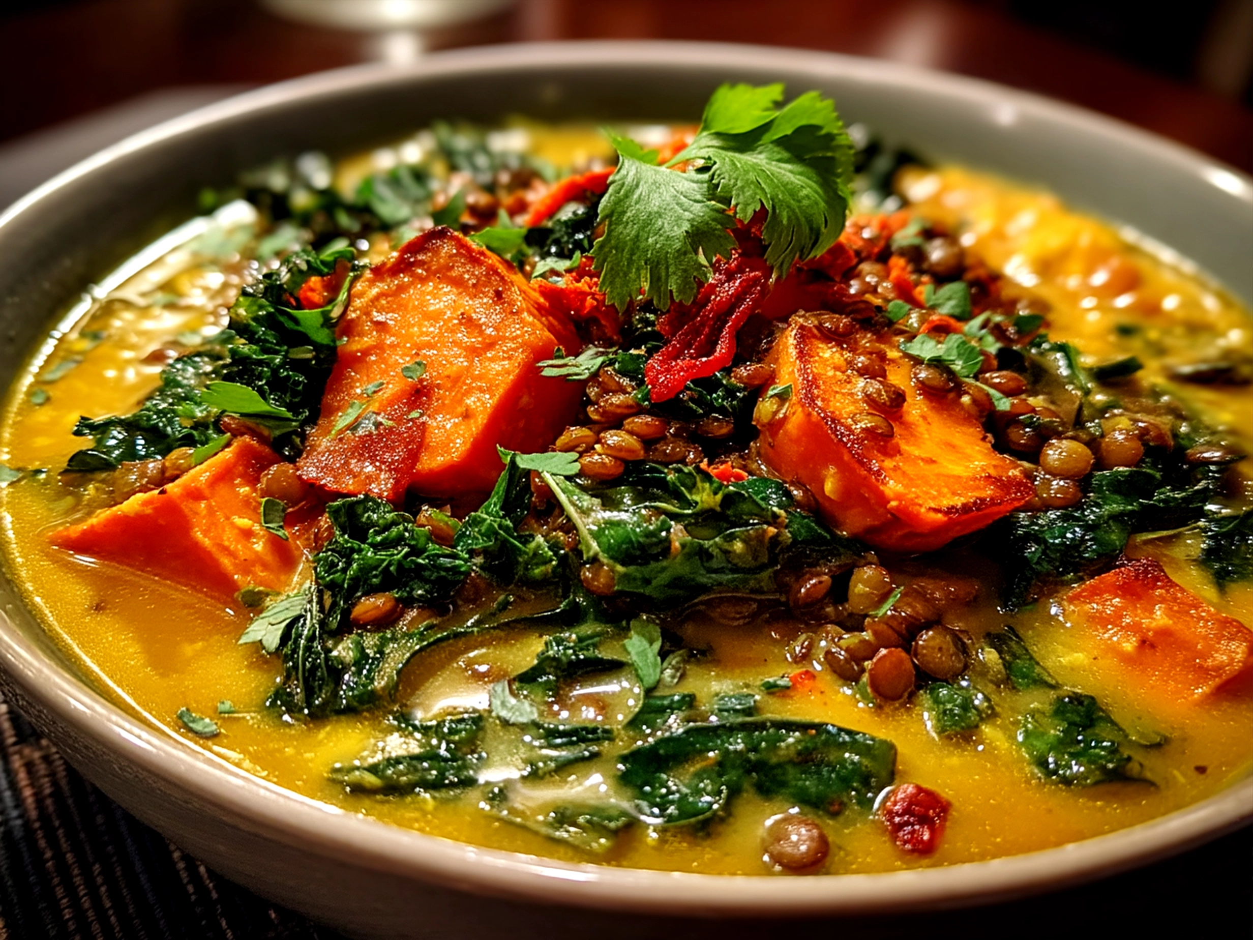 Serving of Ginger Sweet Potato and Coconut Milk Stew with Lentils and Kale