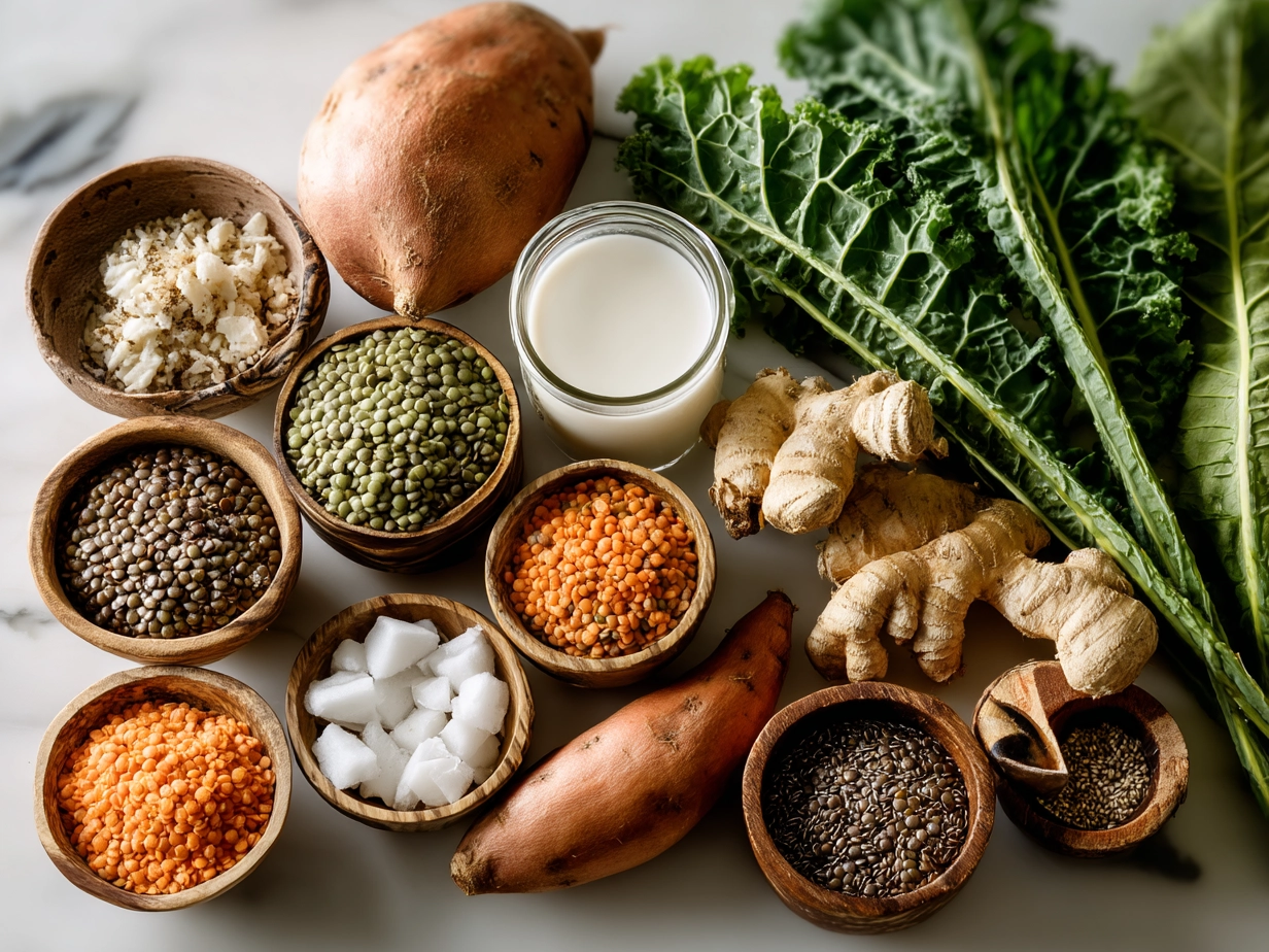 Ingredients for Ginger Sweet Potato and Coconut Milk Stew with Lentils and Kale