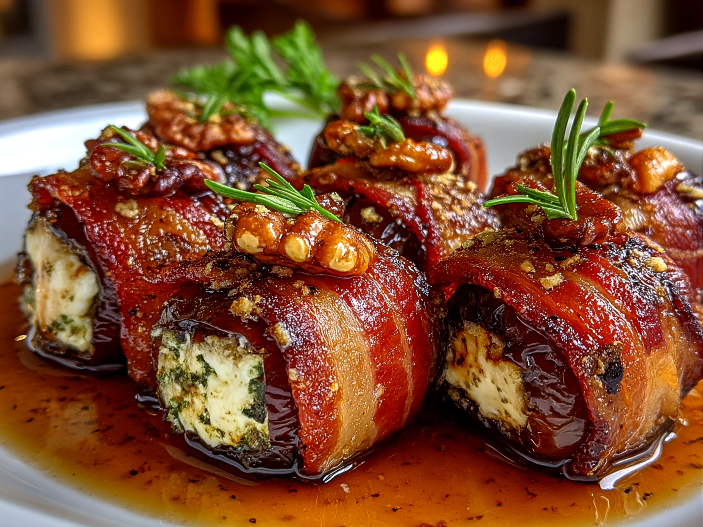 Plated Goat Cheese Stuffed Bacon Wrapped Dates ready to serve