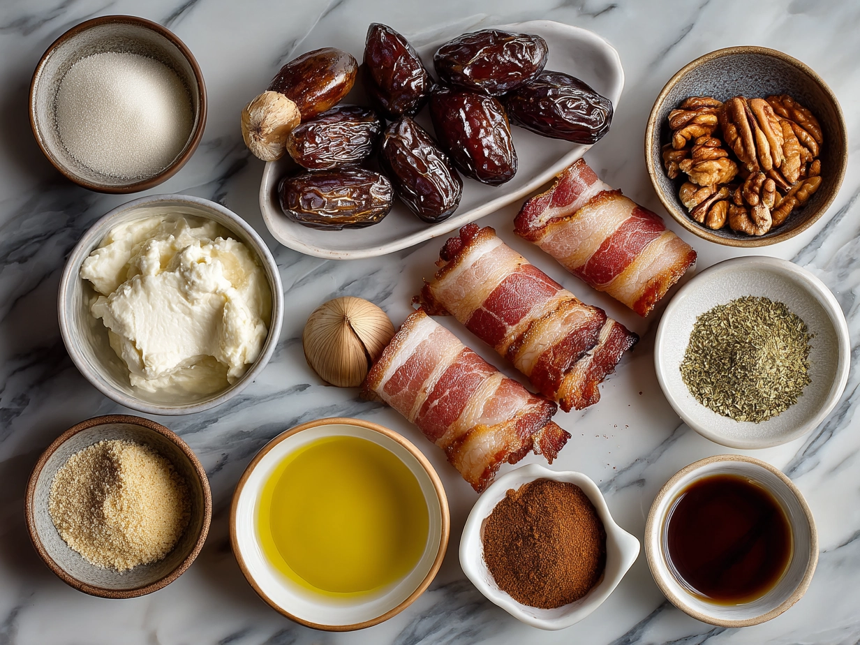 Ingredients for Goat Cheese Stuffed Bacon Wrapped Dates including goat cheese, bacon, and dates