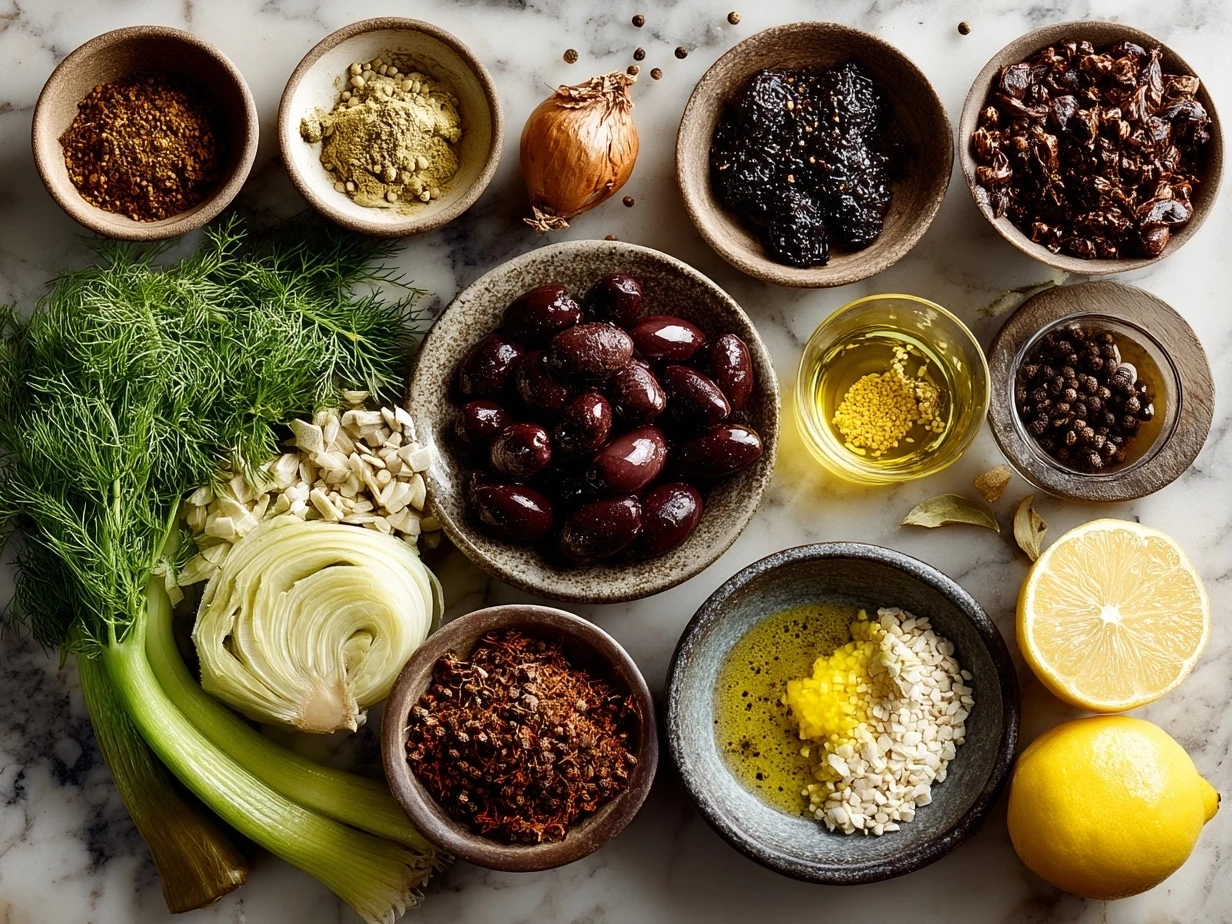 Ingredients for Greek Healing Soup laid out on a kitchen counter