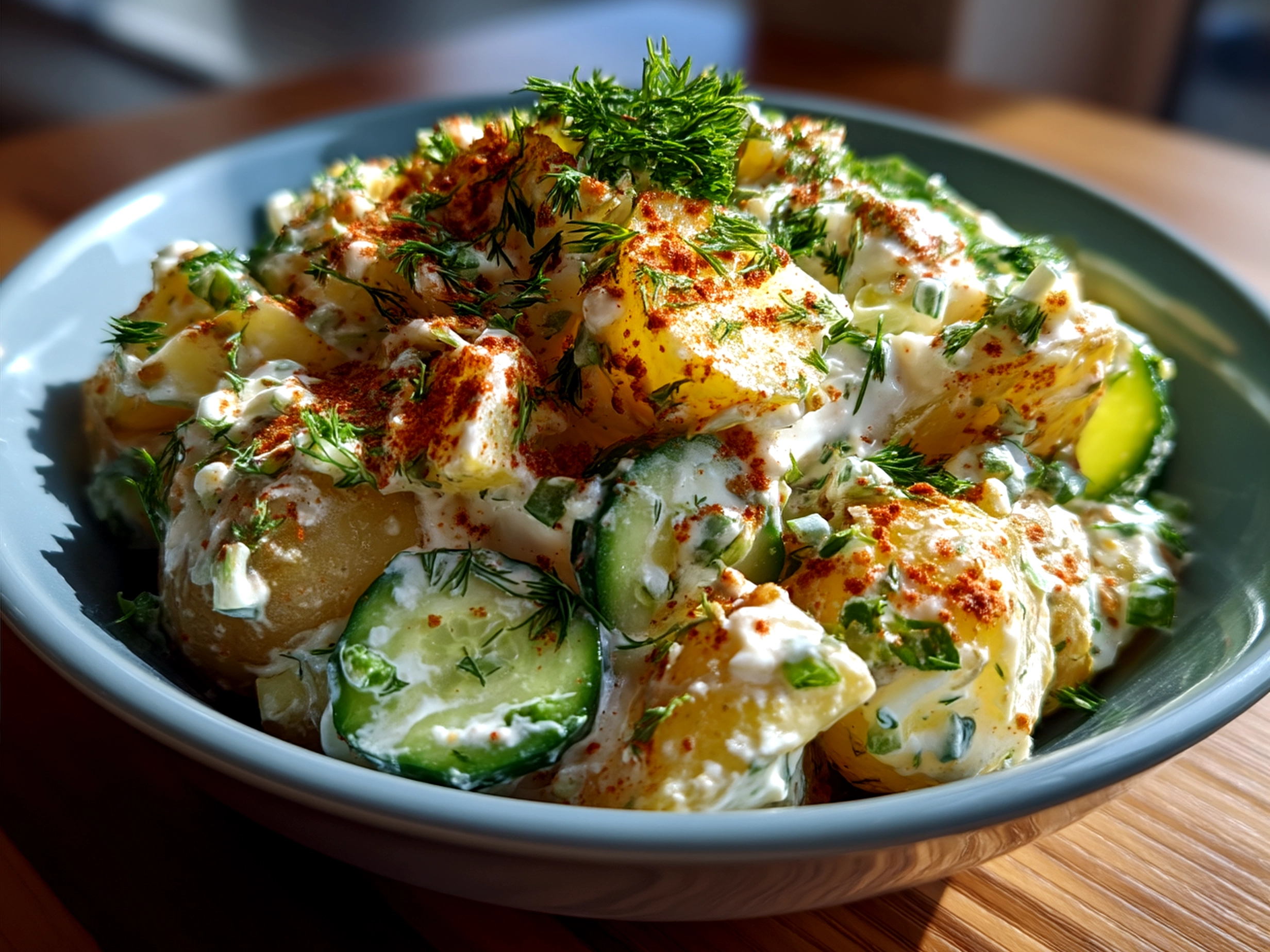 Serving Greek Yogurt Potato Salad with Cucumbers in a bowl