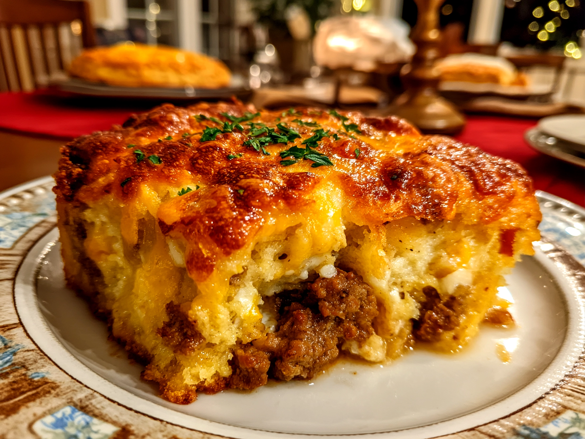 A serving of cheesy Hobo Casserole Ground Beef ready to eat