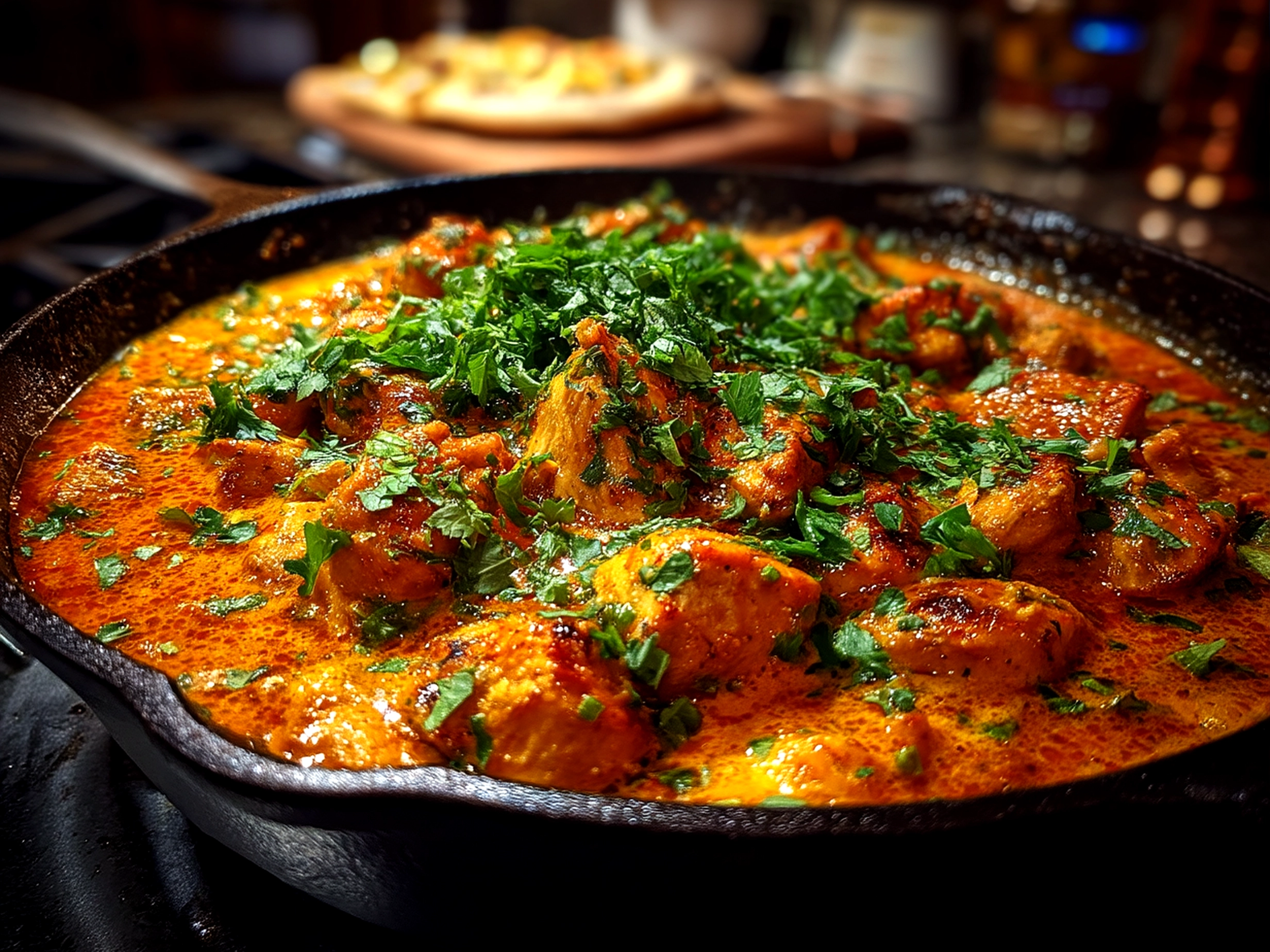 Close-up of finished beautiful Butter Chicken Skillet served in a bowl with hearty comforting creamy sauce