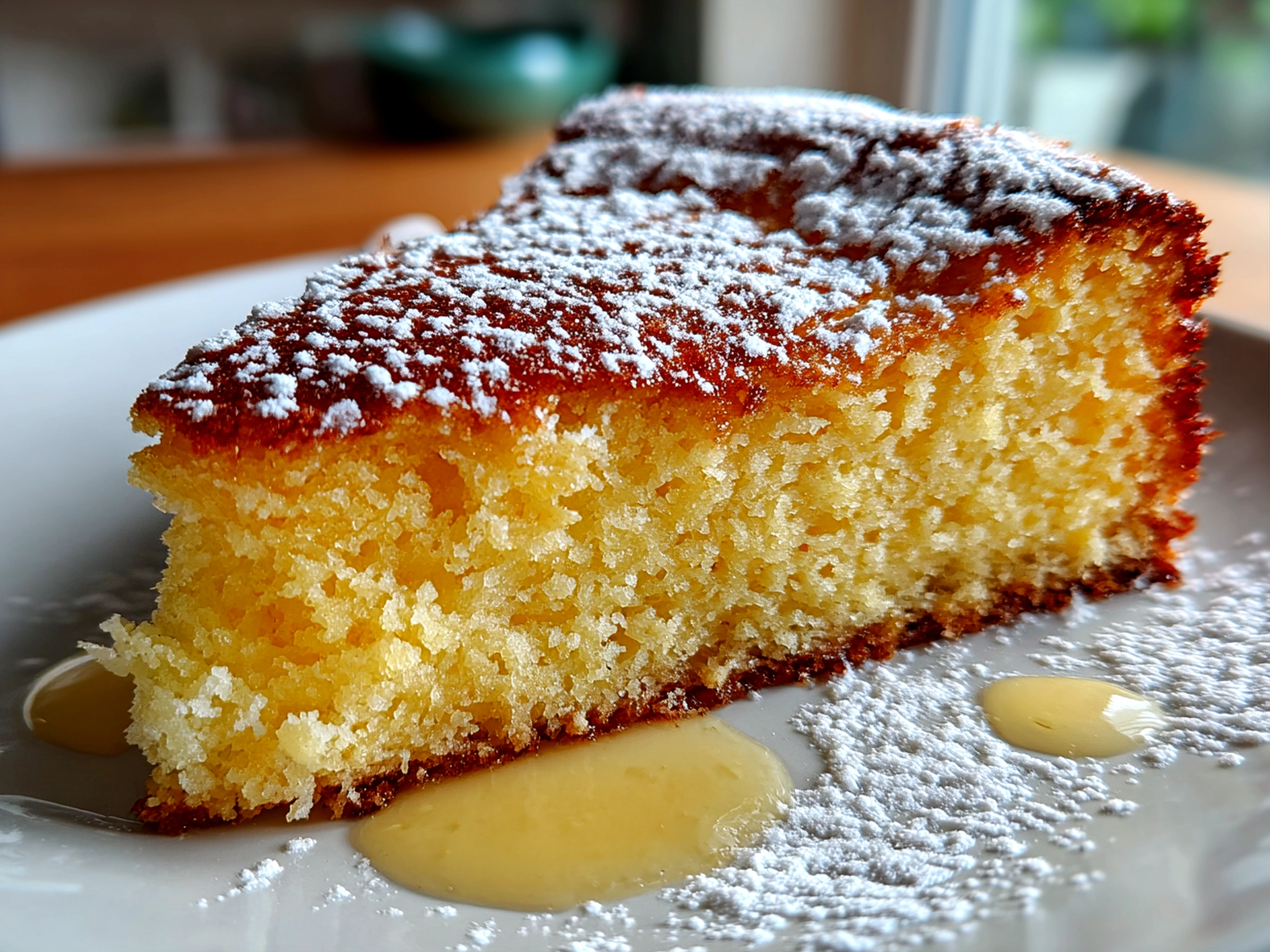 home cook, taken with iPhone 14. Close-up slight angle of comforting flourless yogurt cake on white plate. fresh vibrant --ar 4:3 --style raw --s 220