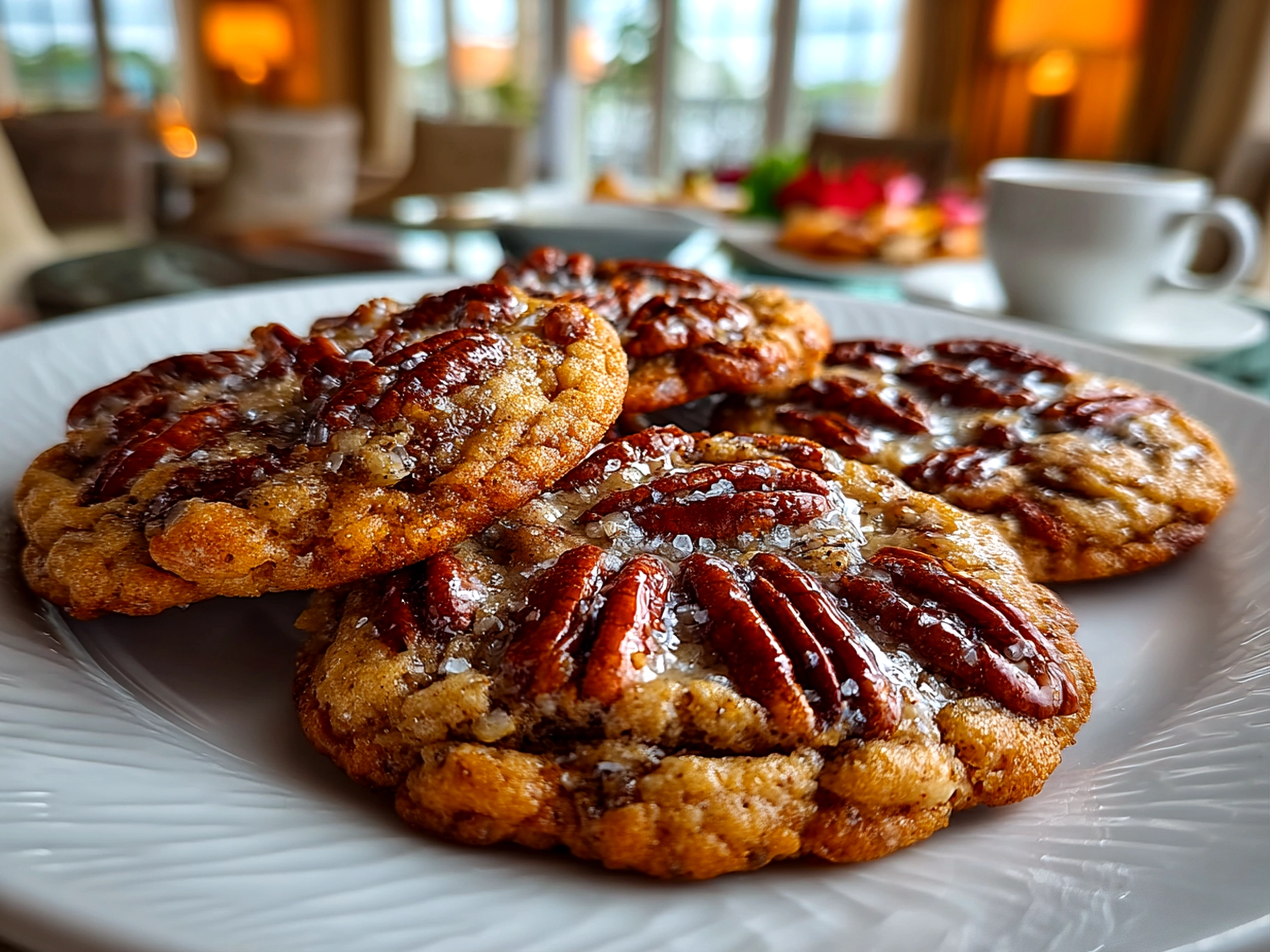 Home cook, taken with iPhone 14. Close-up slight angle of comforting Pecan Pie Cookies on white plate. Mouthwatering --ar 4:3 --style raw --s 250