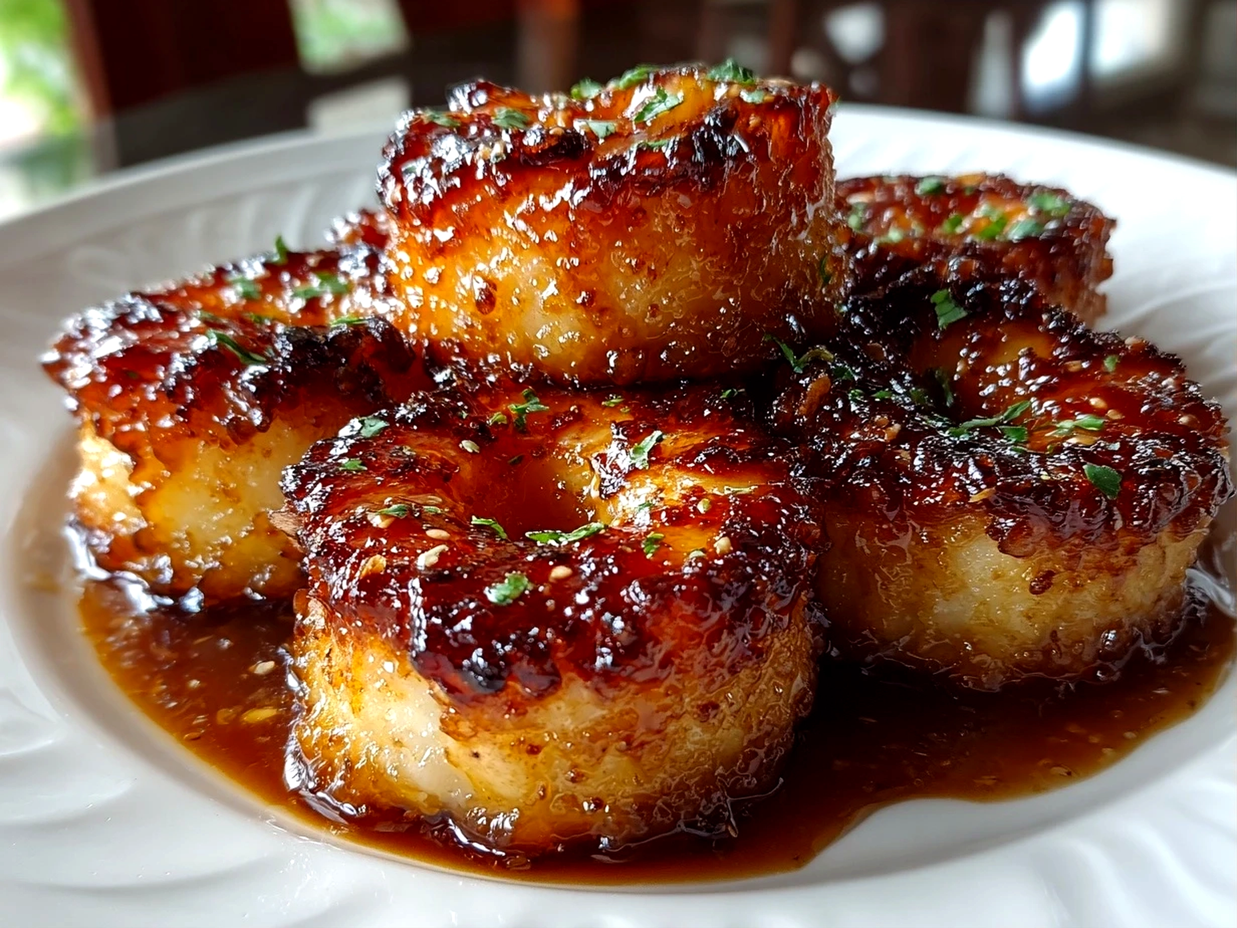 Home cook, taken with iPhone 14. Close-up slight angle of delicious caramelized apple Samoas on white plate. Rich inviting --ar 4:3 --style raw --s 220