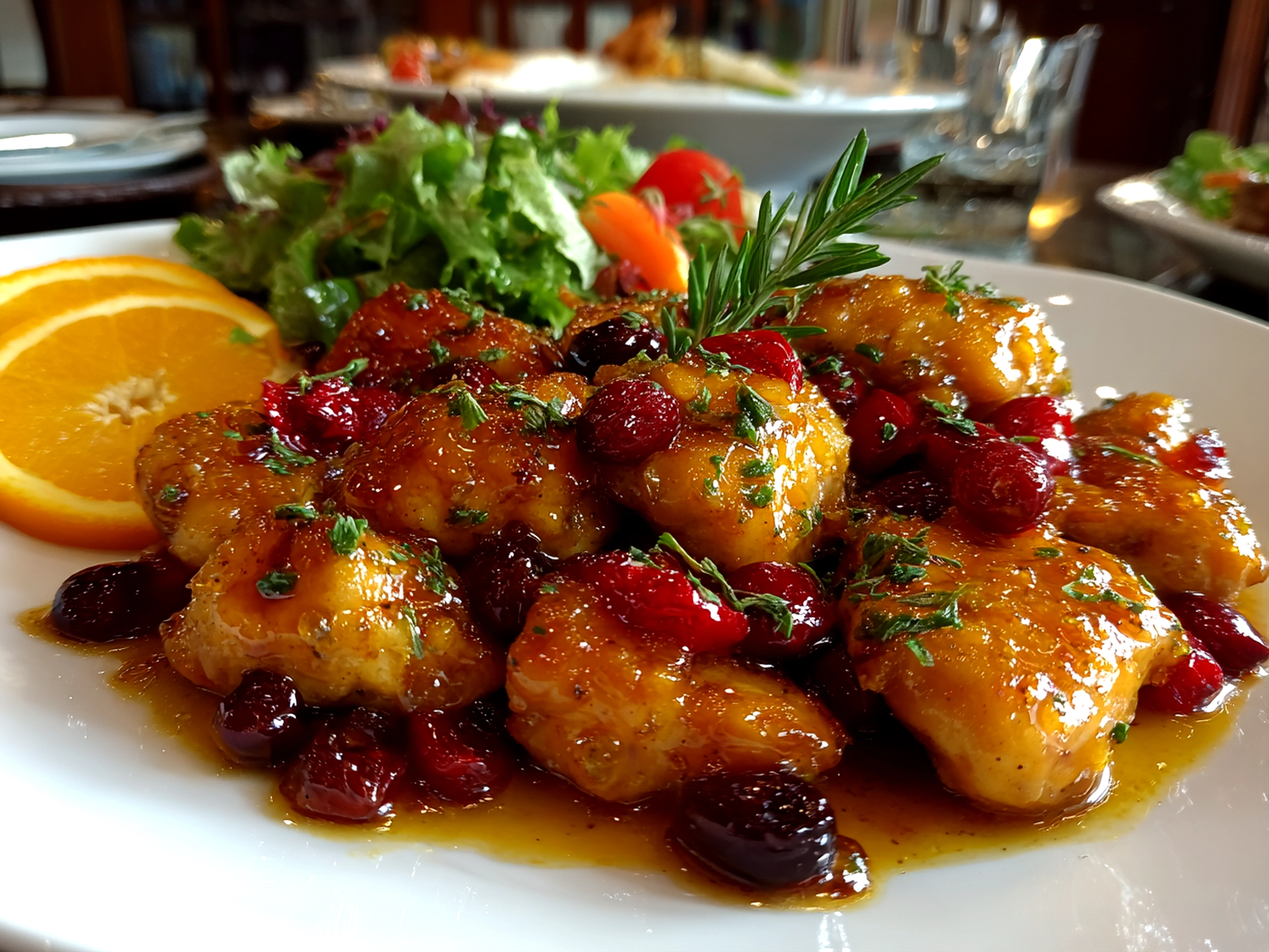 Home cook, taken with iPhone 15. Close-up slight angle of freshly prepared Skillet Cranberry Orange Chicken on white plate. Mouthwatering --ar 4:3 --style raw --s 220