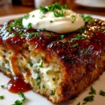 Home-cooked loaded potato meatloaf on white plate