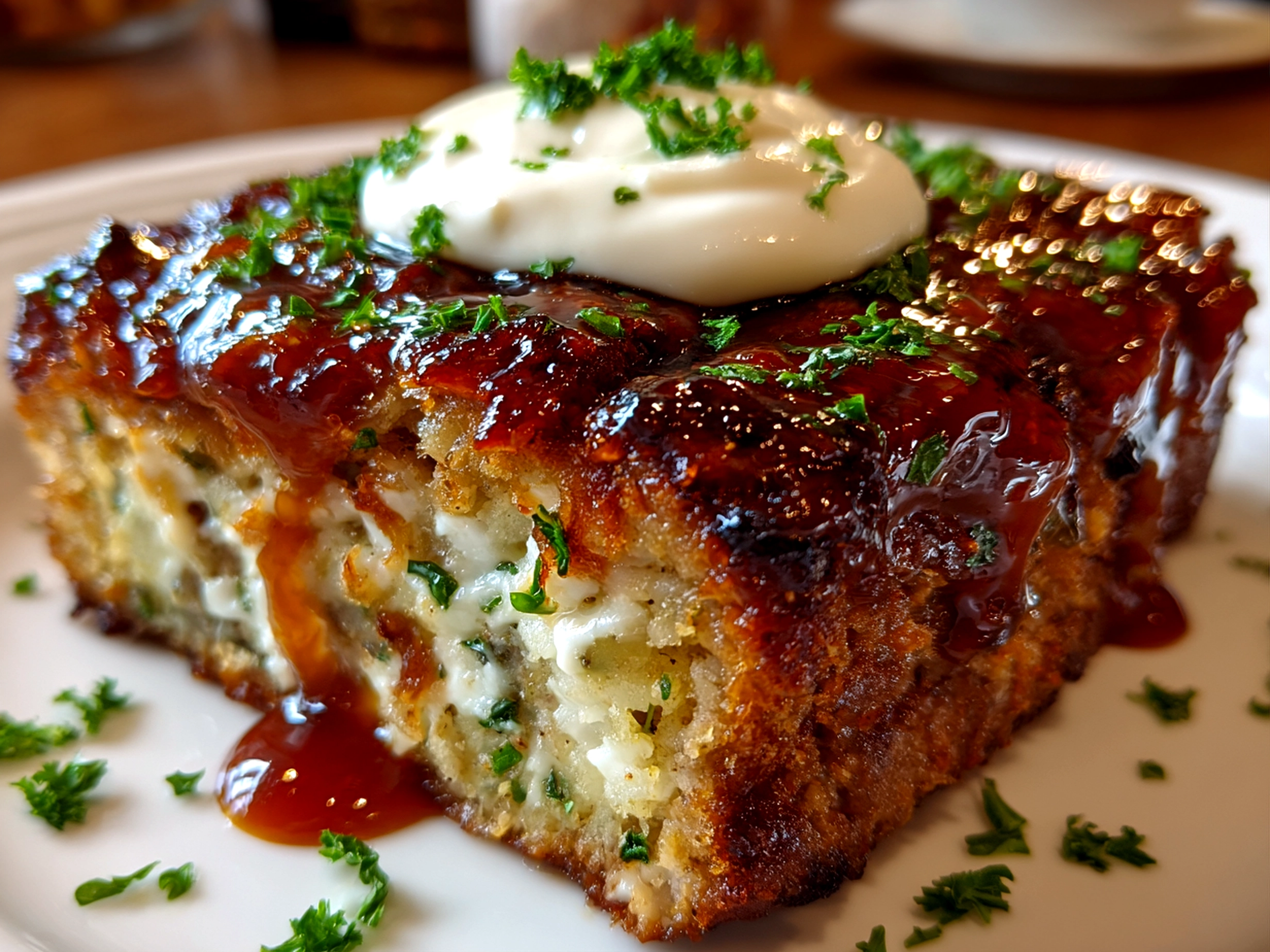 Home-cooked loaded potato meatloaf on white plate
