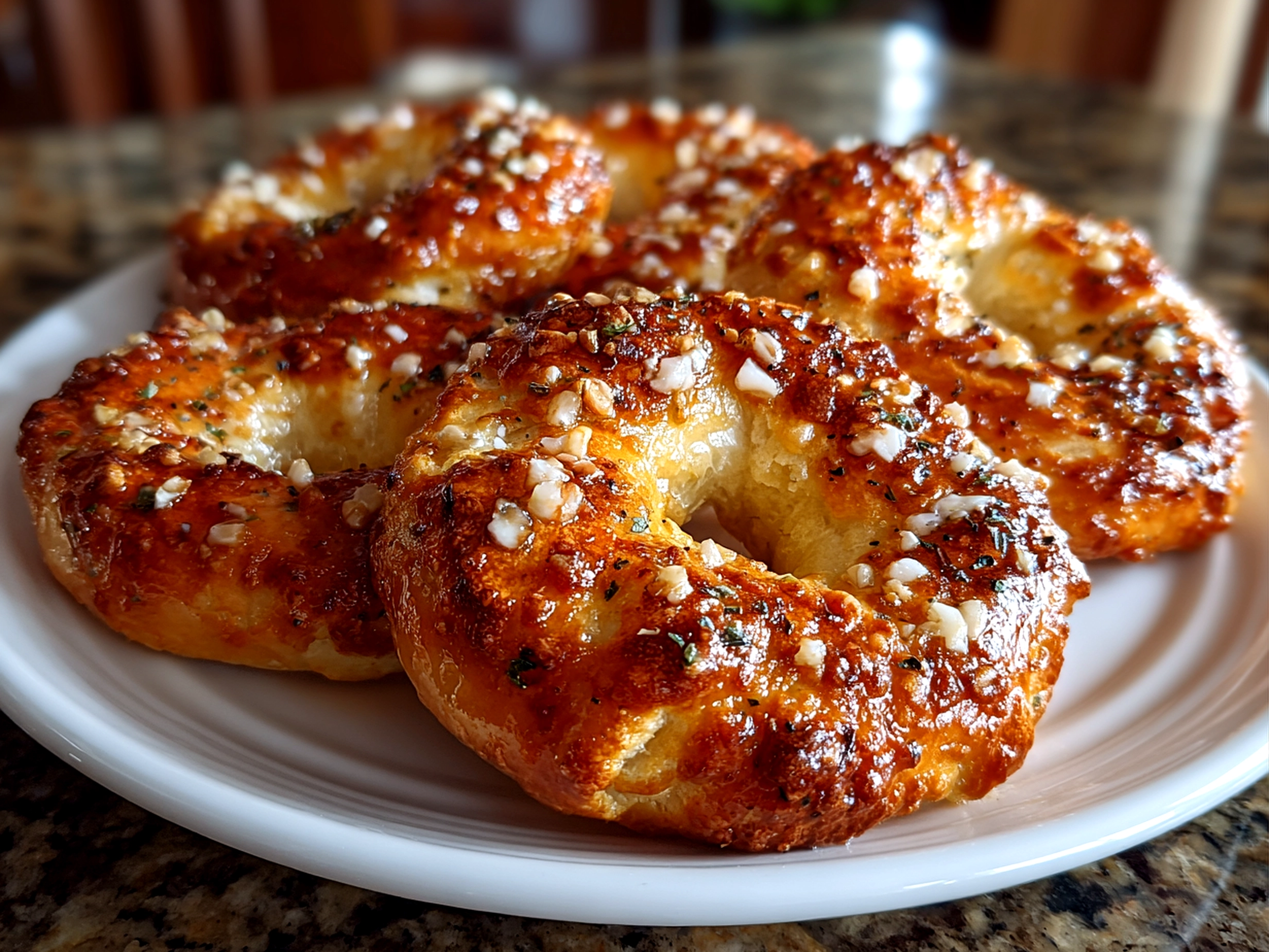 Homemade apple pie bagels on white plate