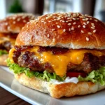 Homemade baked cheeseburger on white plate