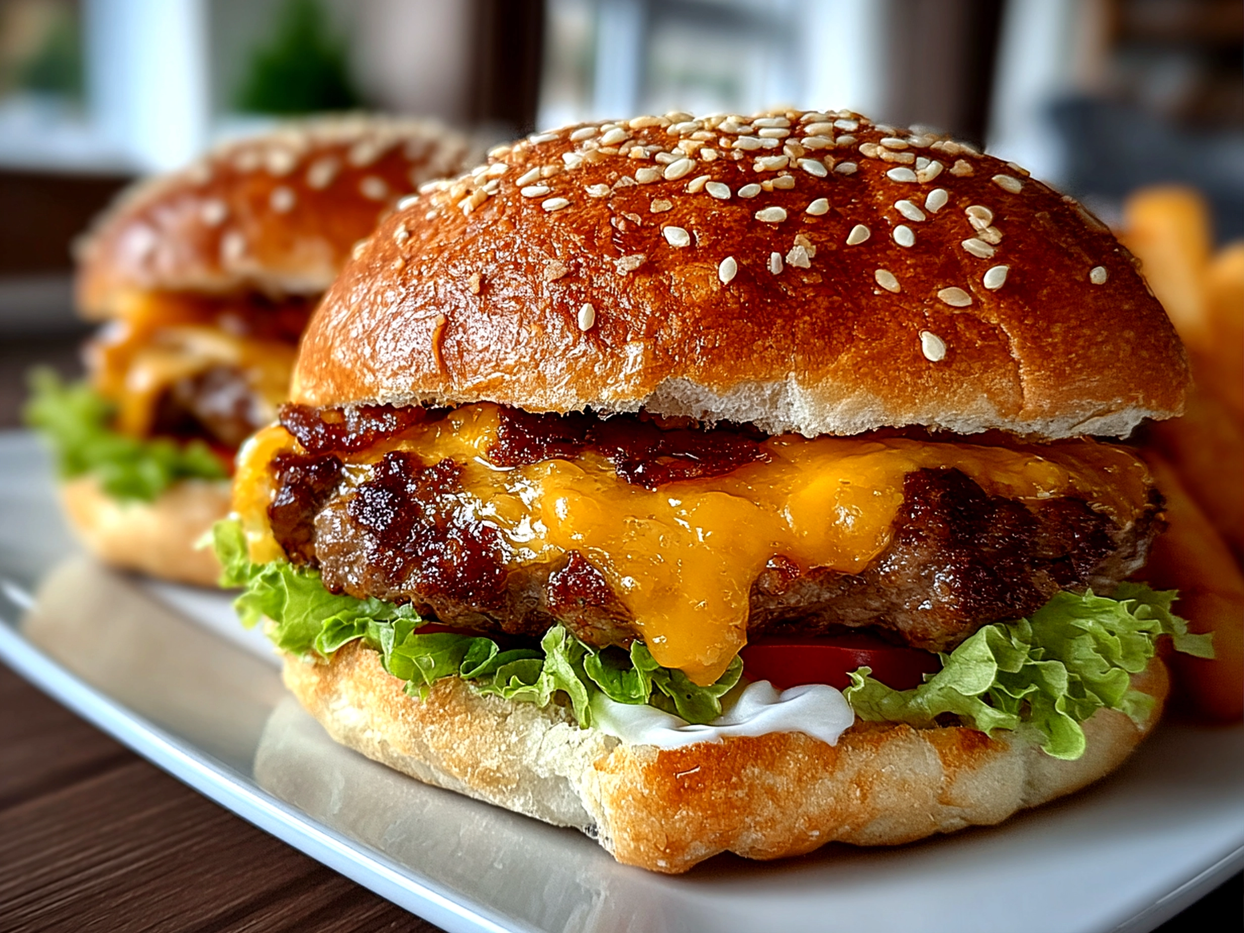 Homemade baked cheeseburger on white plate