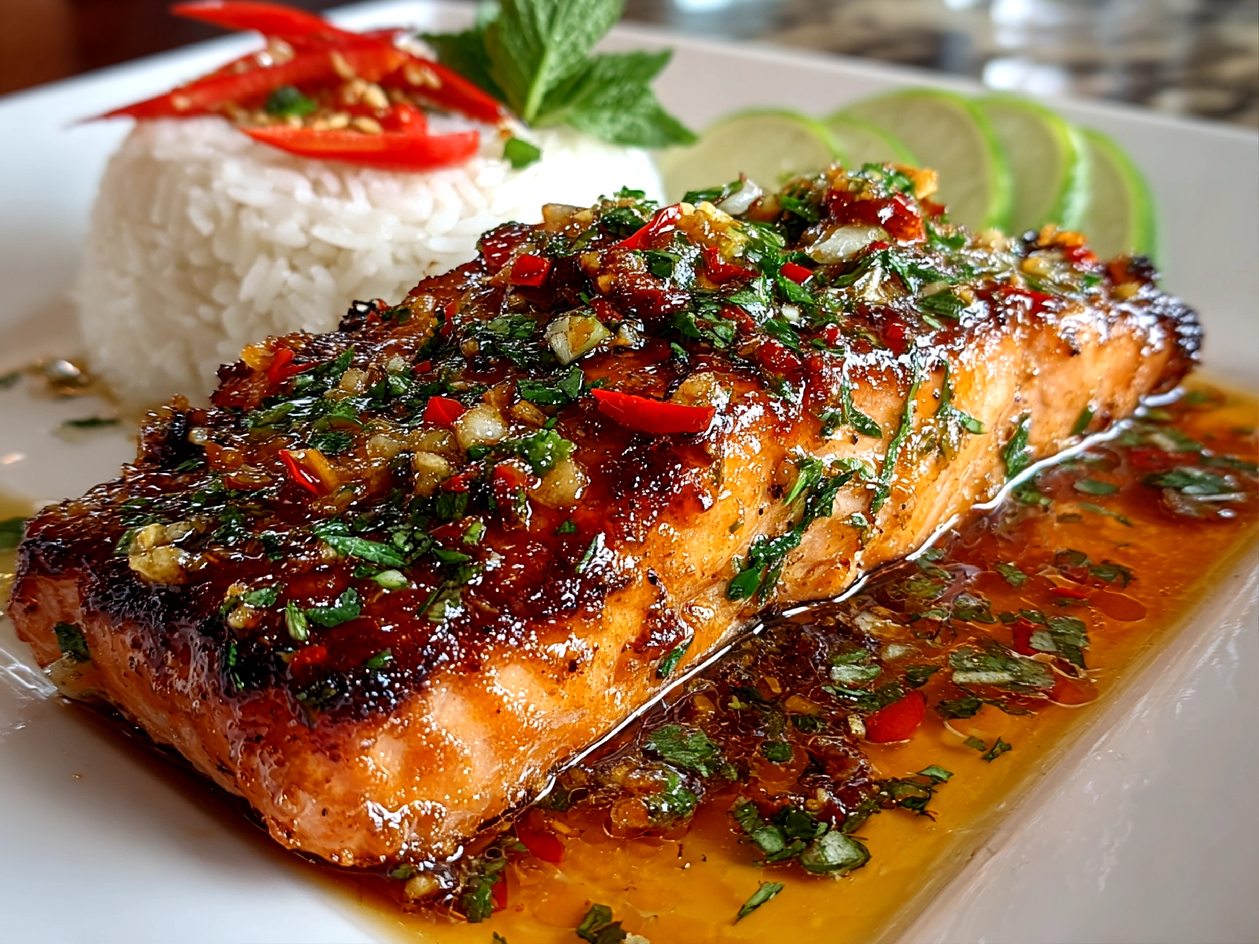 Homemade Sweet Chili Garlic Salmon on White Plate