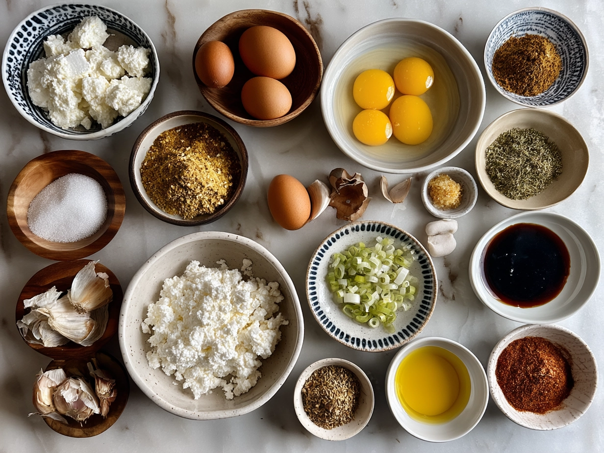 Ingredients for Honey-Drizzled Goat Cheese Bites with goat cheese, honey, nuts, crackers, and herbs