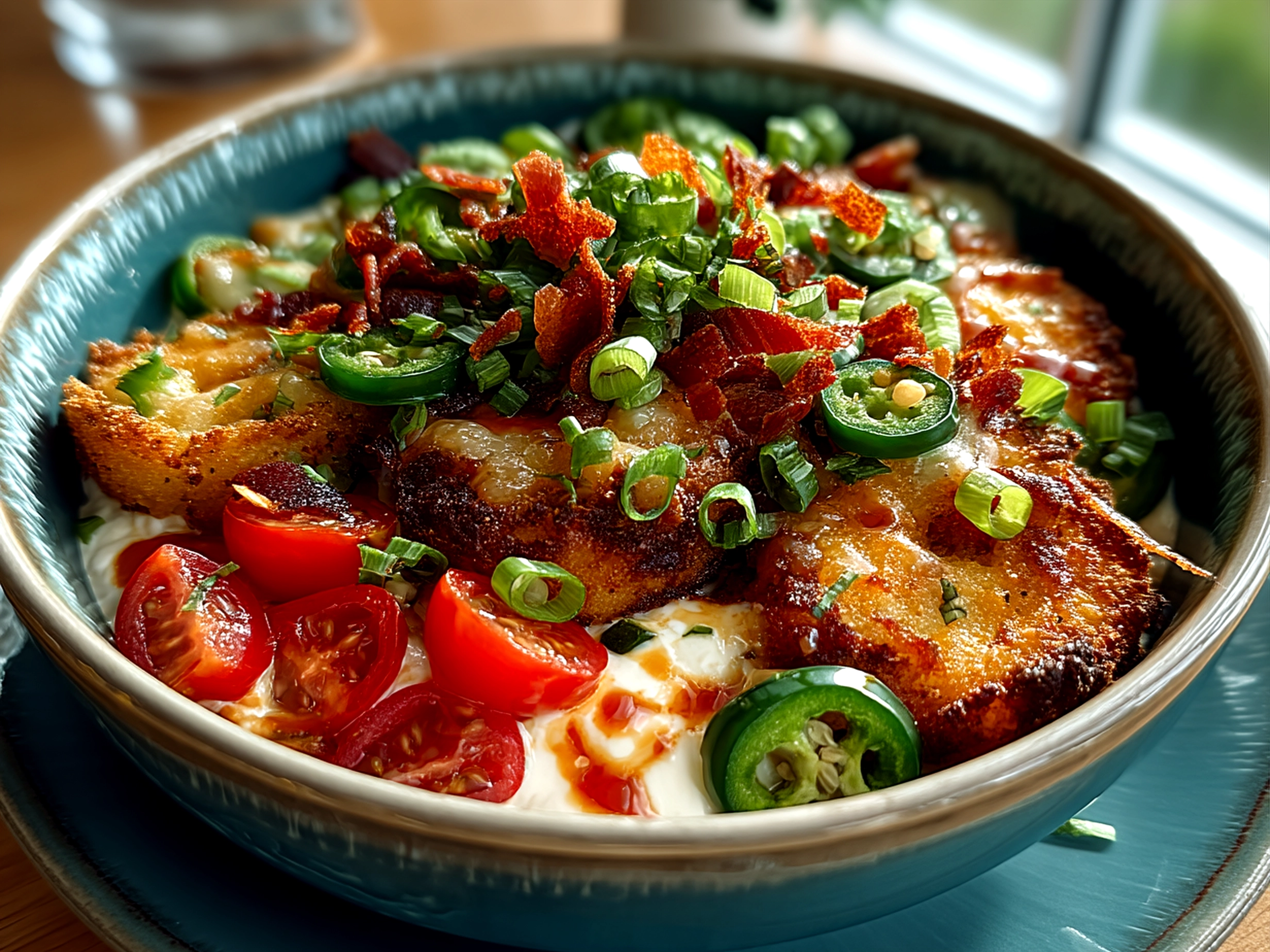 Served Jalapeno Poppers Nourish Bowl with avocado, jalapenos, and fresh veggies
