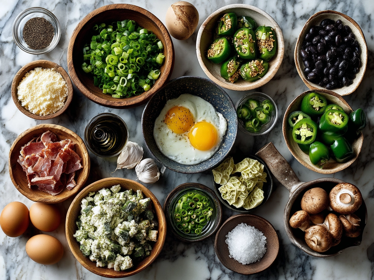 Ingredients for Jalapeno Poppers Nourish Bowl including jalapenos, cheddar cheese, black beans, avocado, and quinoa