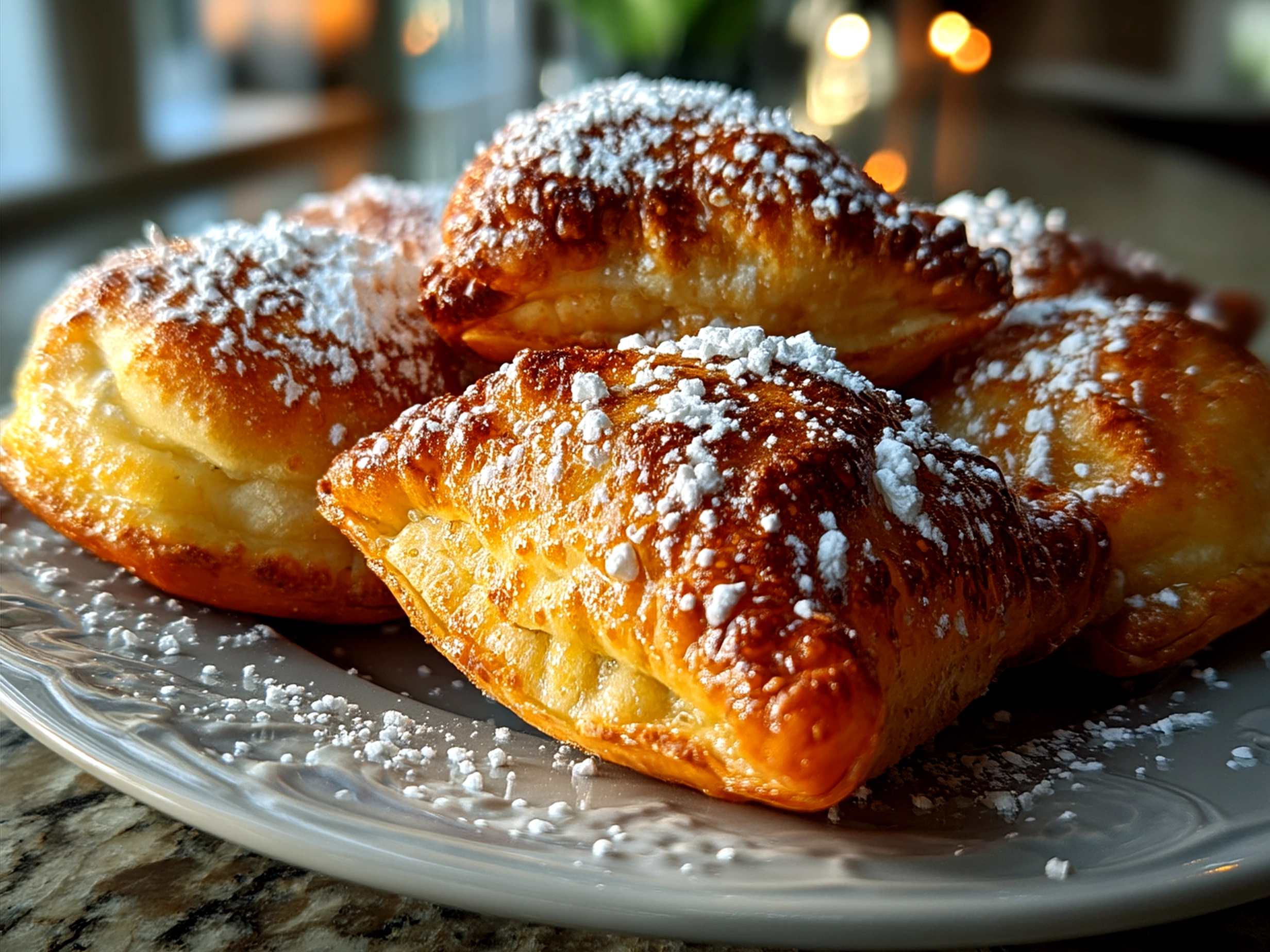 Serving of warm, glazed King Cake Bites on a plate with festive decoration
