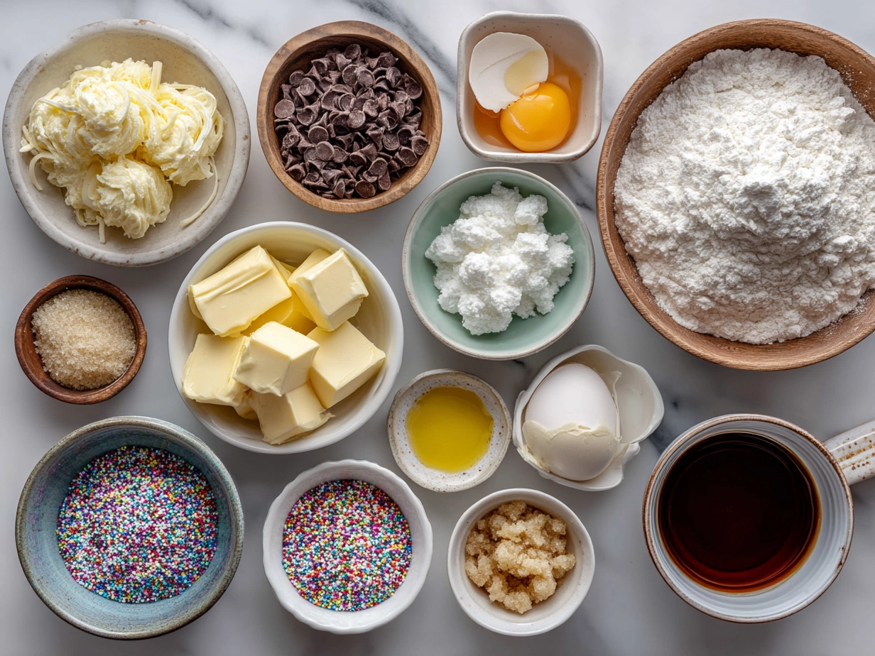 Ingredients for King Cake Bites including crescent roll dough, butter, cinnamon, sugar, powdered sugar, milk, and food coloring