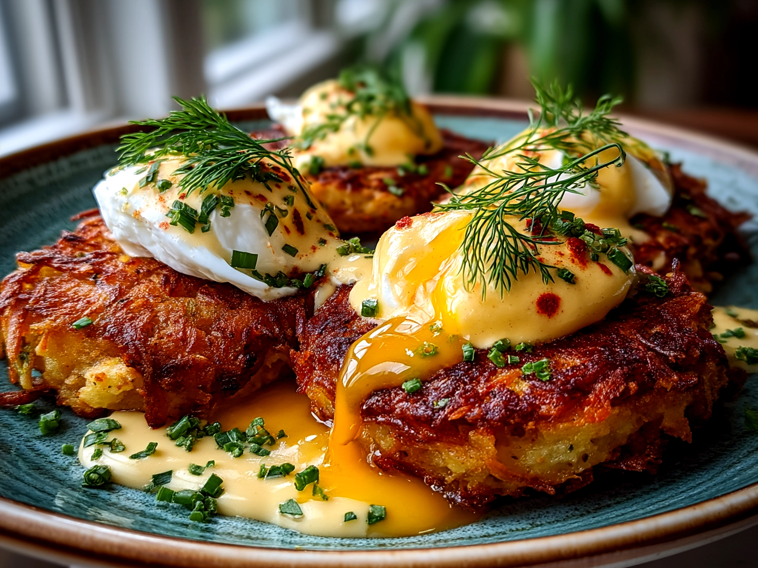 Serving of crispy latkes topped with poached eggs and hollandaise sauce garnished with fresh herbs