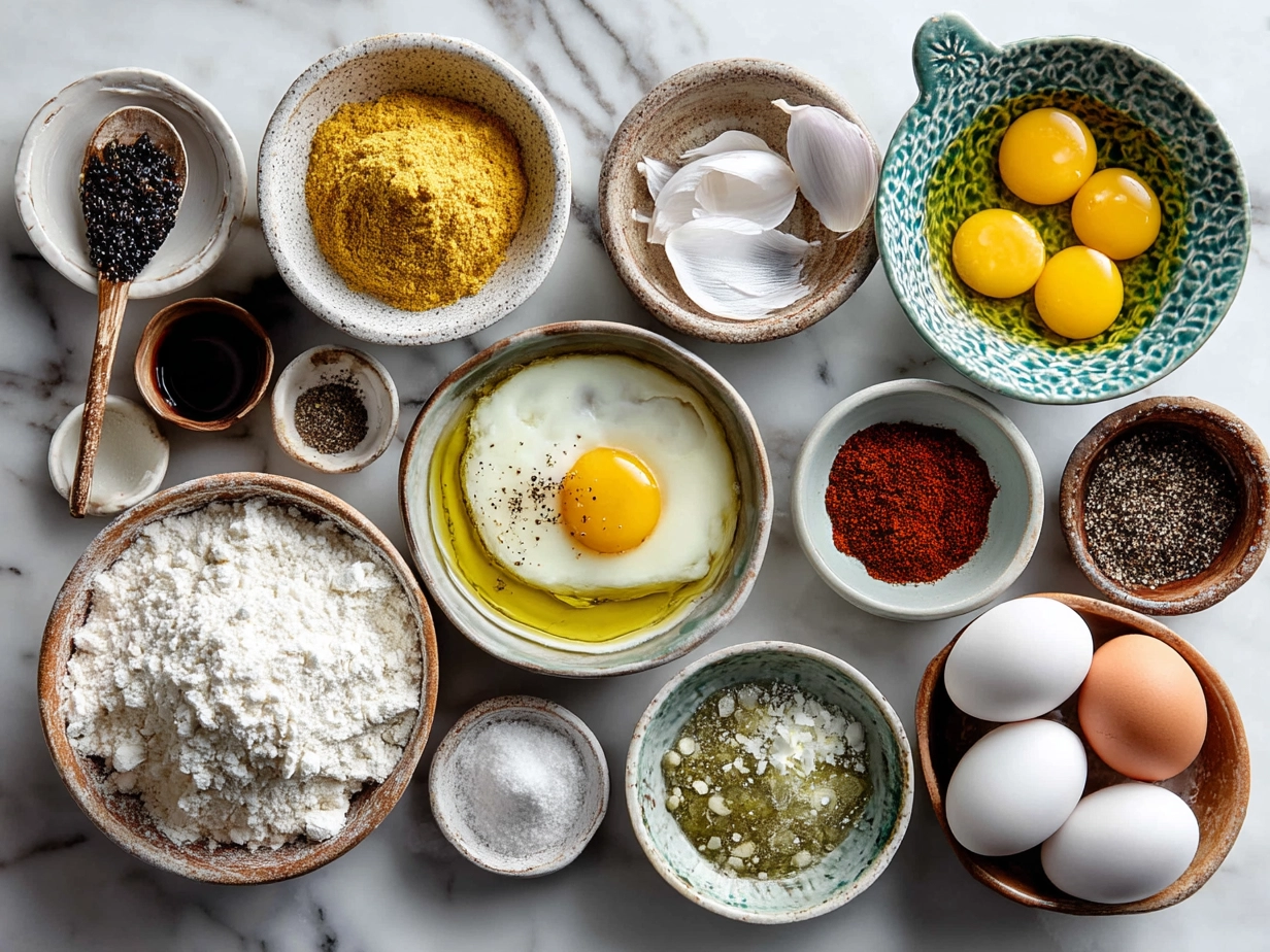 Ingredients for Latke Eggs Benedict including potatoes, eggs, butter and herbs